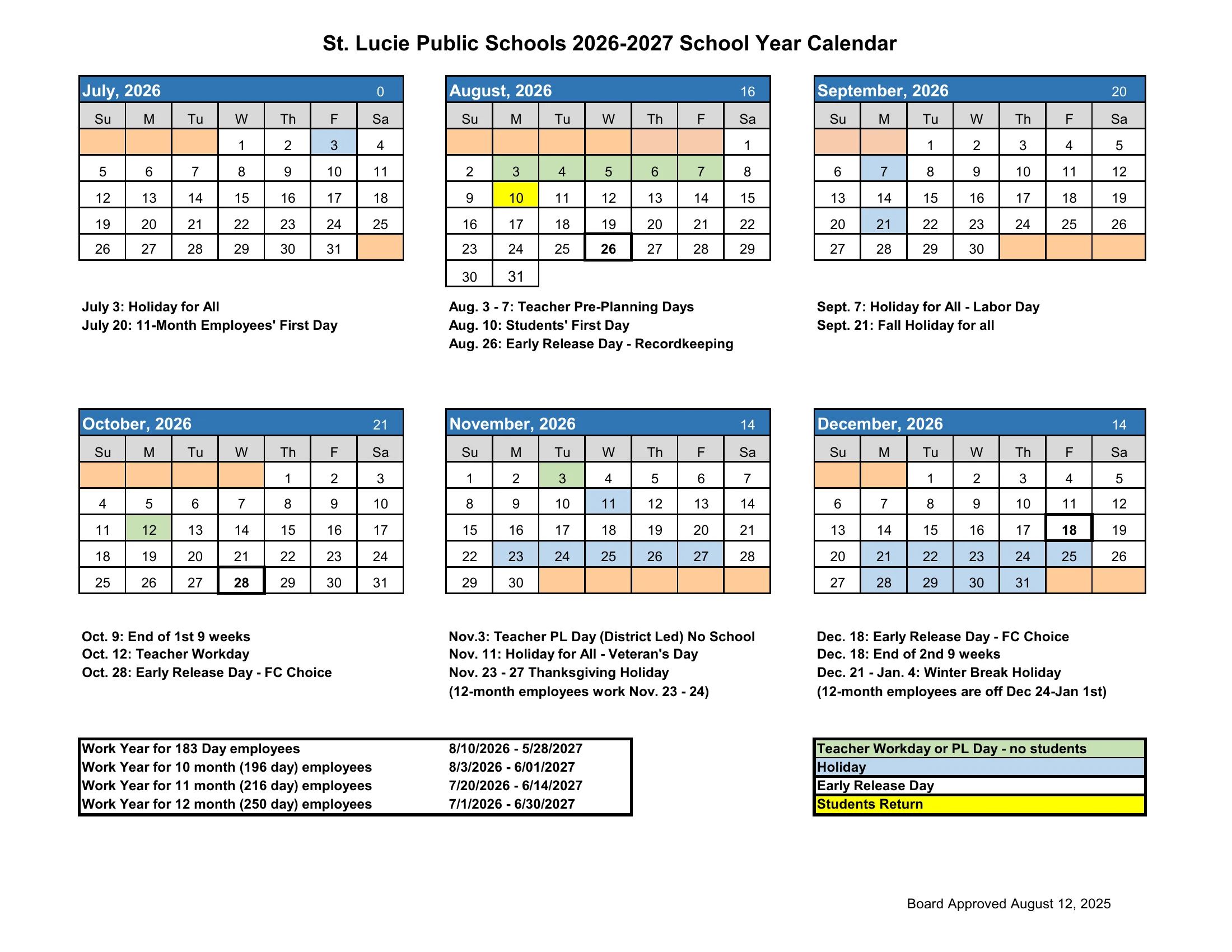 The St. Lucie Public Schools 2026-2027 School Year Calendar: month grids from July 2026 to June 2027 with school day counts, holidays in blue, teacher workdays and PL days in green, early release days boxed in bold, students' first day and return in yellow, each month's dates listed below its grid, and quarter, semester and staff day tables.