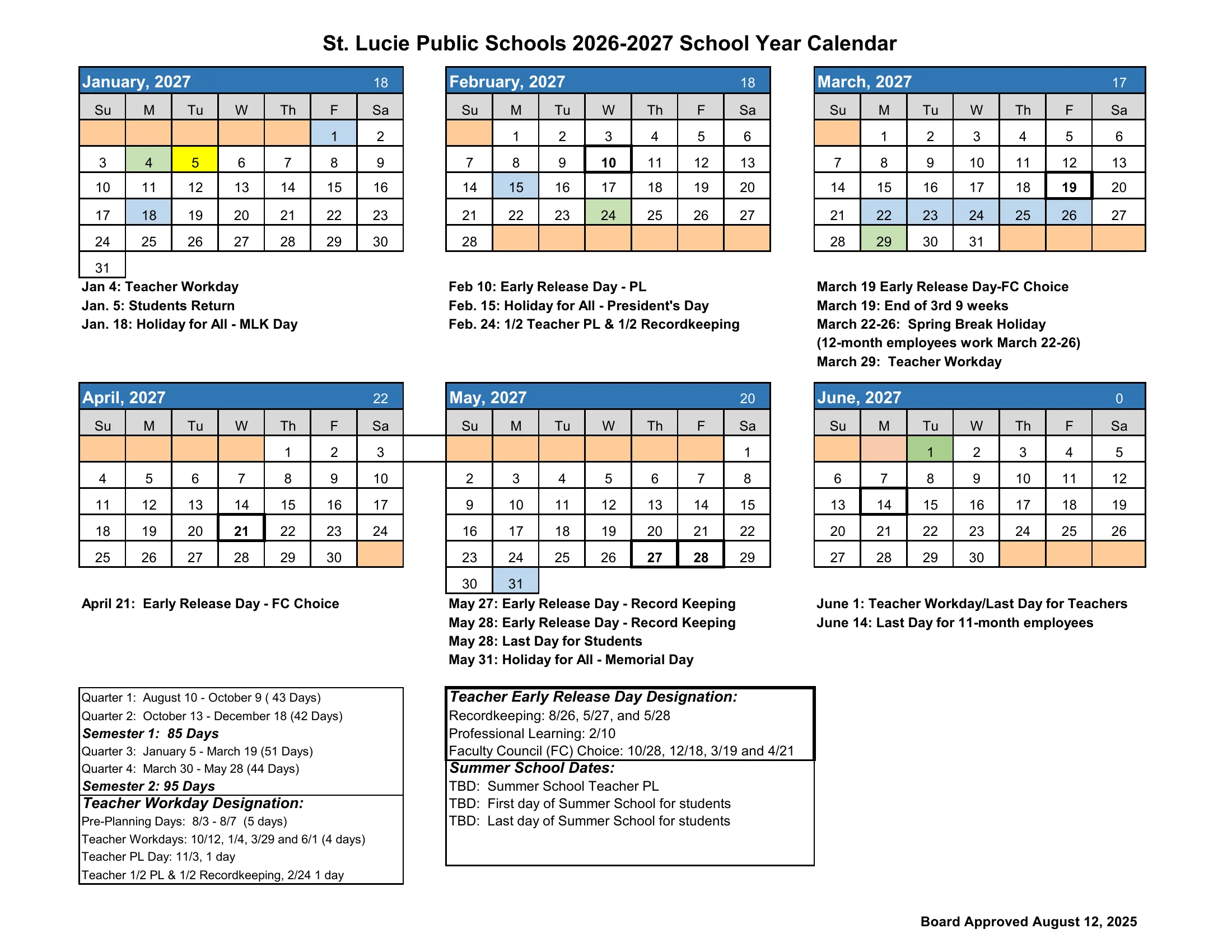 The St. Lucie Public Schools 2026-2027 School Year Calendar: month grids from July 2026 to June 2027 with school day counts, holidays in blue, teacher workdays and PL days in green, early release days boxed in bold, students' first day and return in yellow, each month's dates listed below its grid, and quarter, semester and staff day tables. Page 2 of 2.