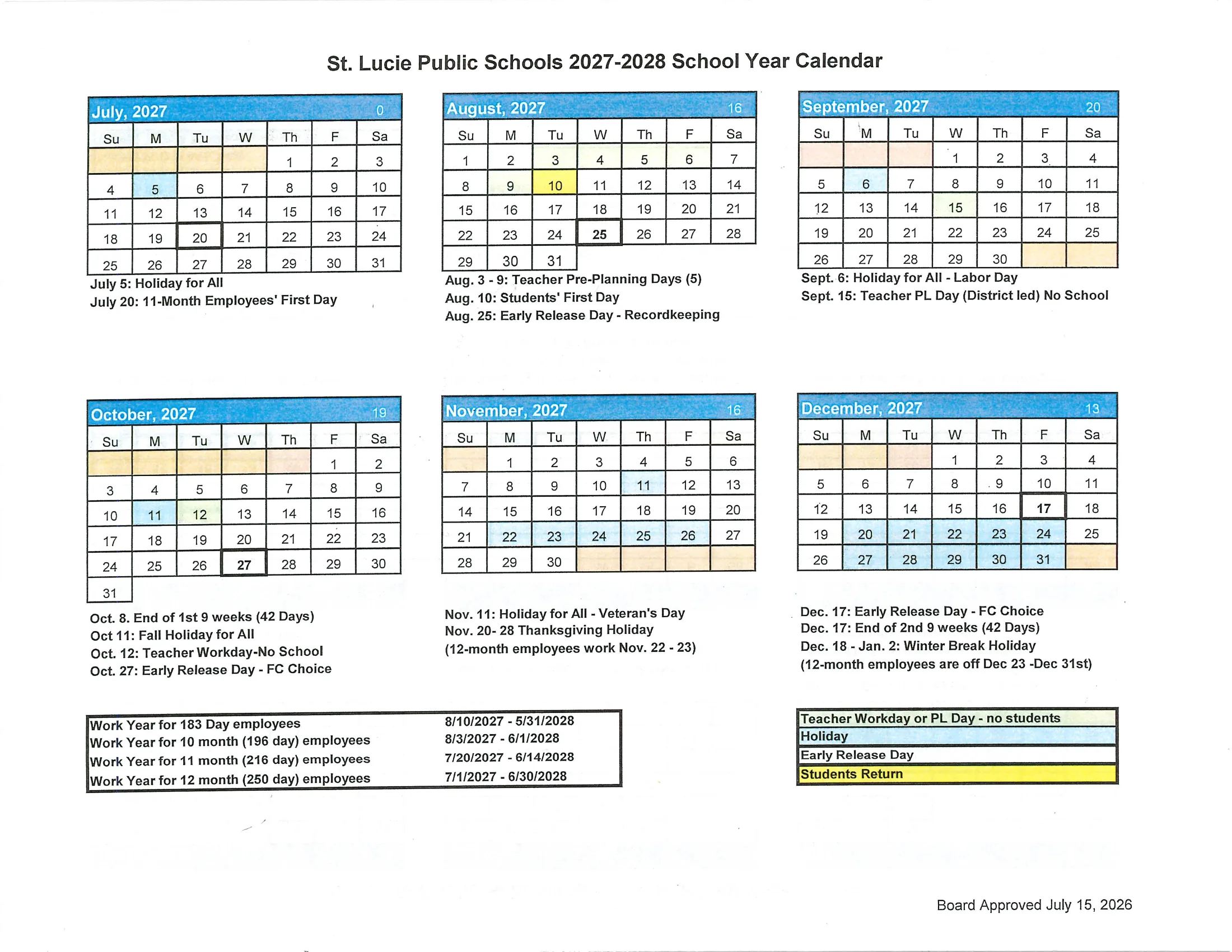 The St. Lucie Public Schools 2027-2028 School Year Calendar, a scan that displays: month grids from July 2027 to June 2028 with school day counts, holidays in blue, teacher workdays and PL days in green, early release days boxed in bold, students' first day and return in yellow, each month's dates listed below its grid, and quarter, semester and staff day tables.