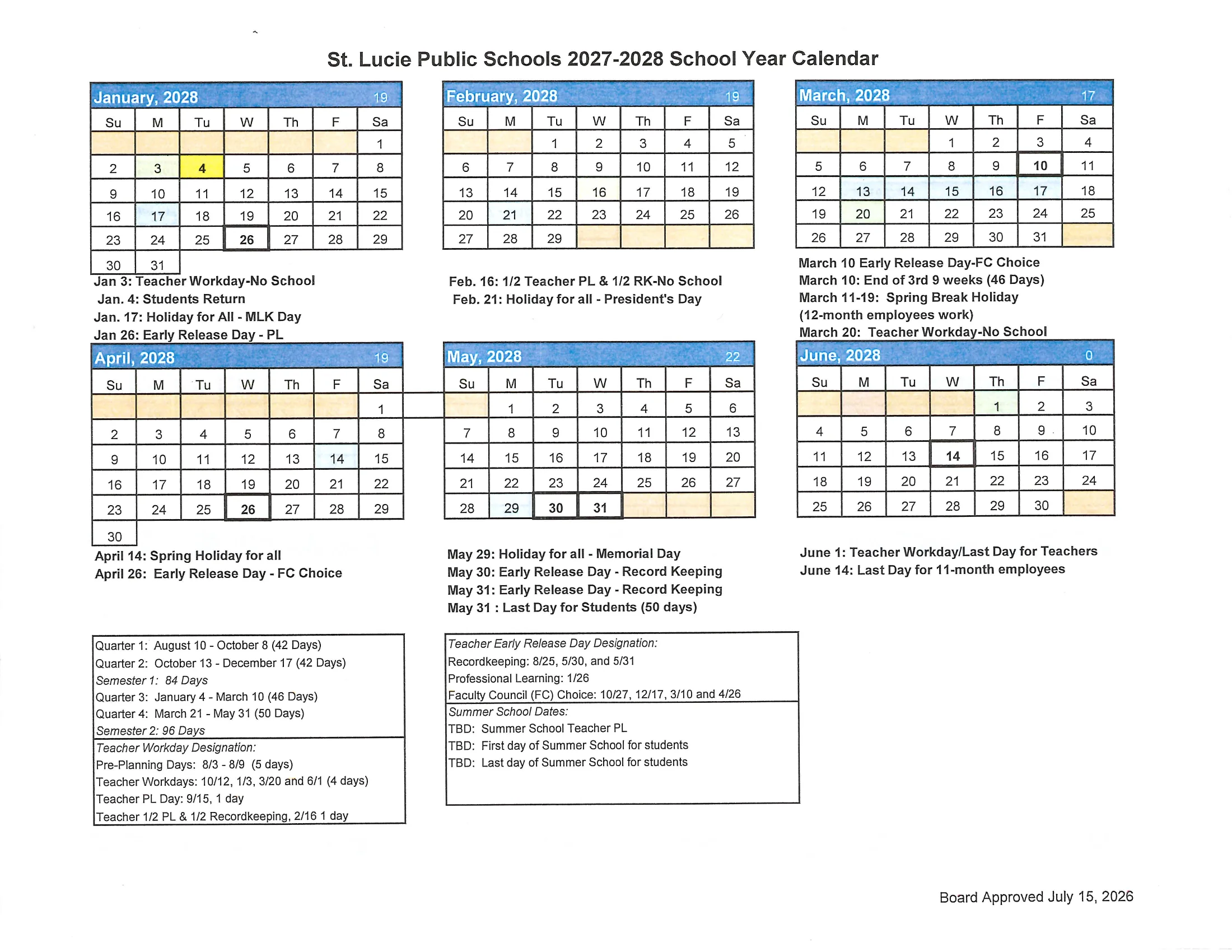 The St. Lucie Public Schools 2027-2028 School Year Calendar, a scan that displays: month grids from July 2027 to June 2028 with school day counts, holidays in blue, teacher workdays and PL days in green, early release days boxed in bold, students' first day and return in yellow, each month's dates listed below its grid, and quarter, semester and staff day tables. Page 2 of 2.