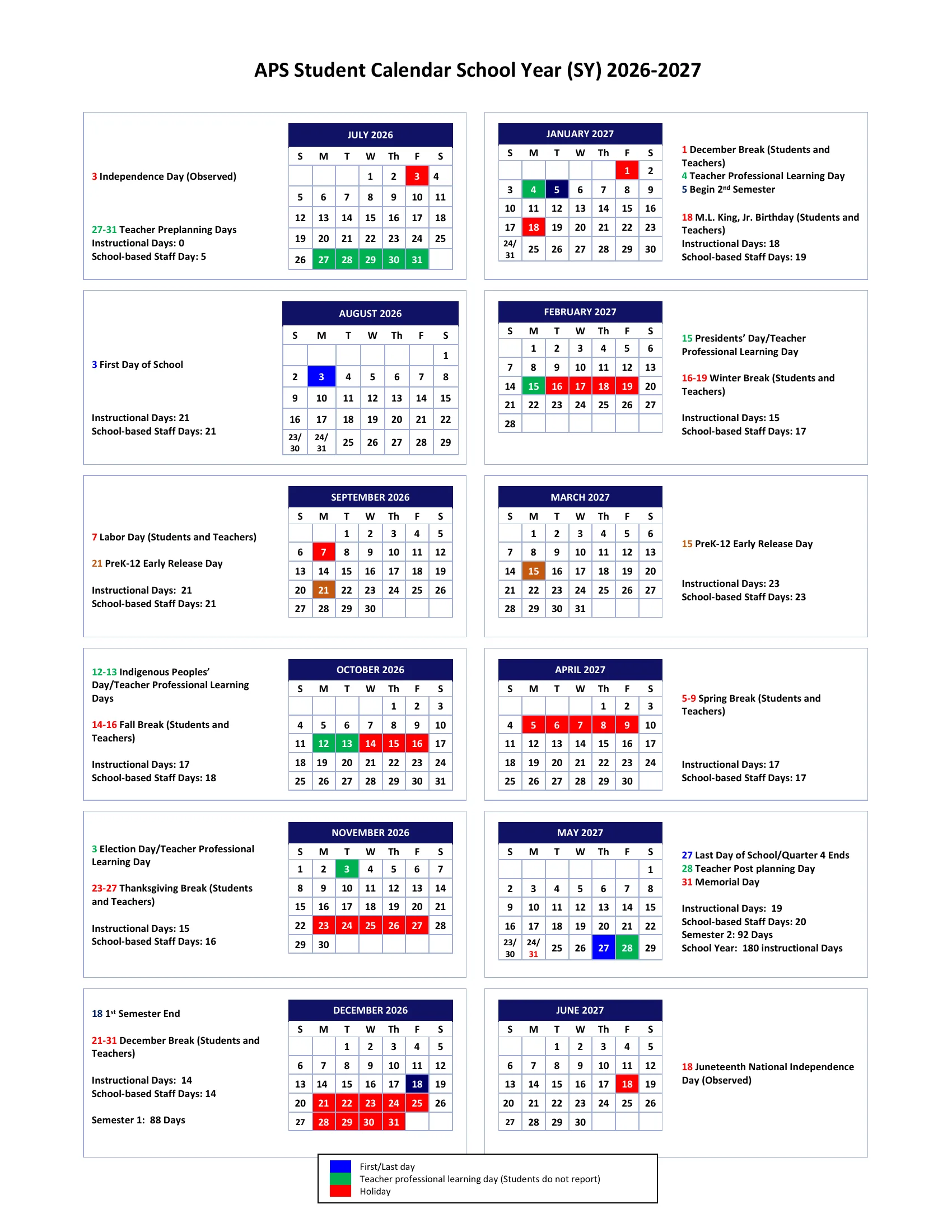 The APS Student Calendar for school year 2026-2027: twelve month grids from July 2026 to June 2027, with the first and last days in blue, teacher professional learning days in green, holidays and breaks in red, early release days in orange, and each month's events and instructional day counts beside its grid.