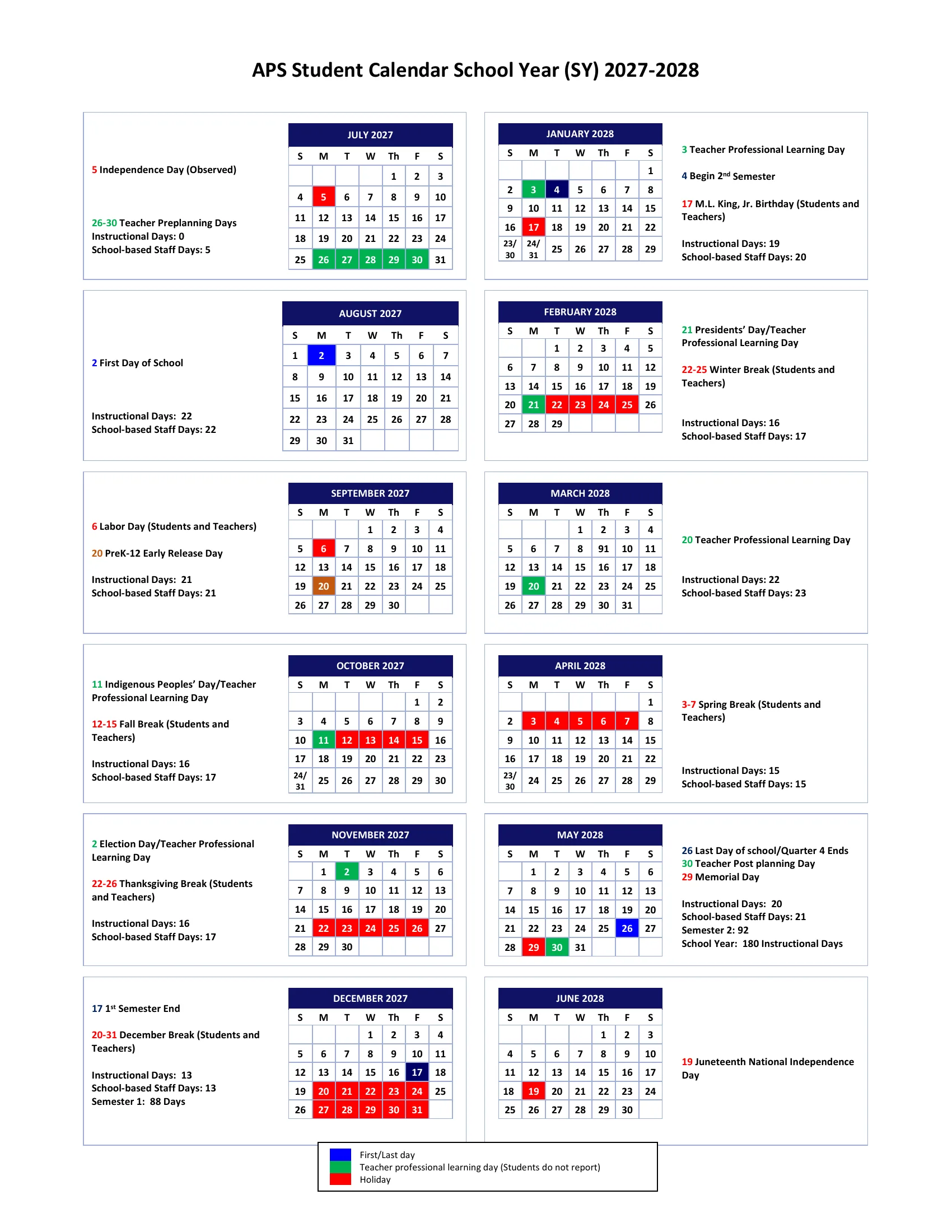The APS Student Calendar for school year 2027-2028: twelve month grids from July 2027 to June 2028, with the first and last days in blue, teacher professional learning days in green, holidays and breaks in red, the early release day in orange, and each month's events and instructional day counts beside its grid.