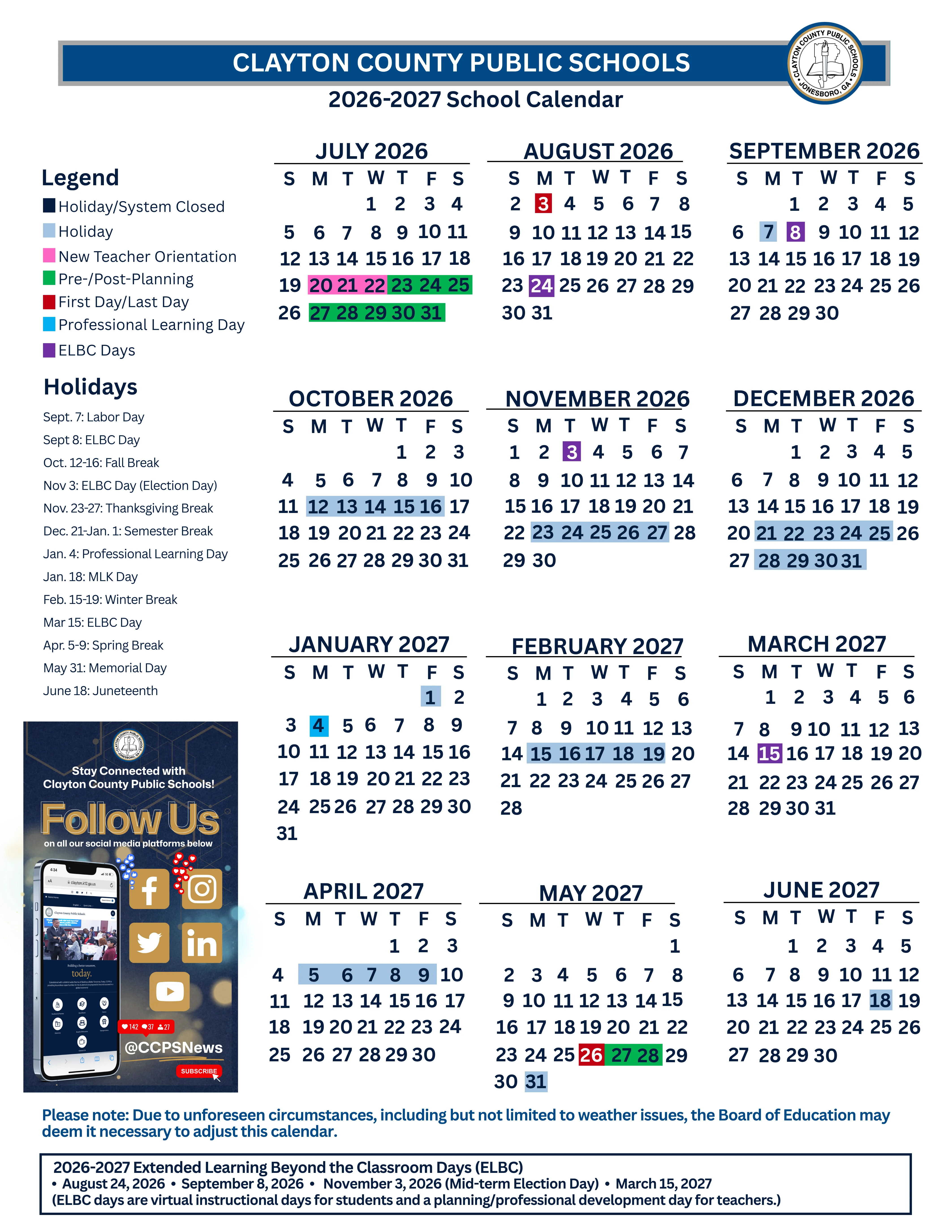 The Clayton County Public Schools 2026-2027 School Calendar: month grids from July 2026 to June 2027 with holidays and breaks in light blue, new teacher orientation in pink, pre- and post-planning in green, the first and last days in red, the professional learning day in bright blue and Extended Learning Beyond the Classroom (ELBC) days in purple, with a legend, a holiday list and an ELBC note.