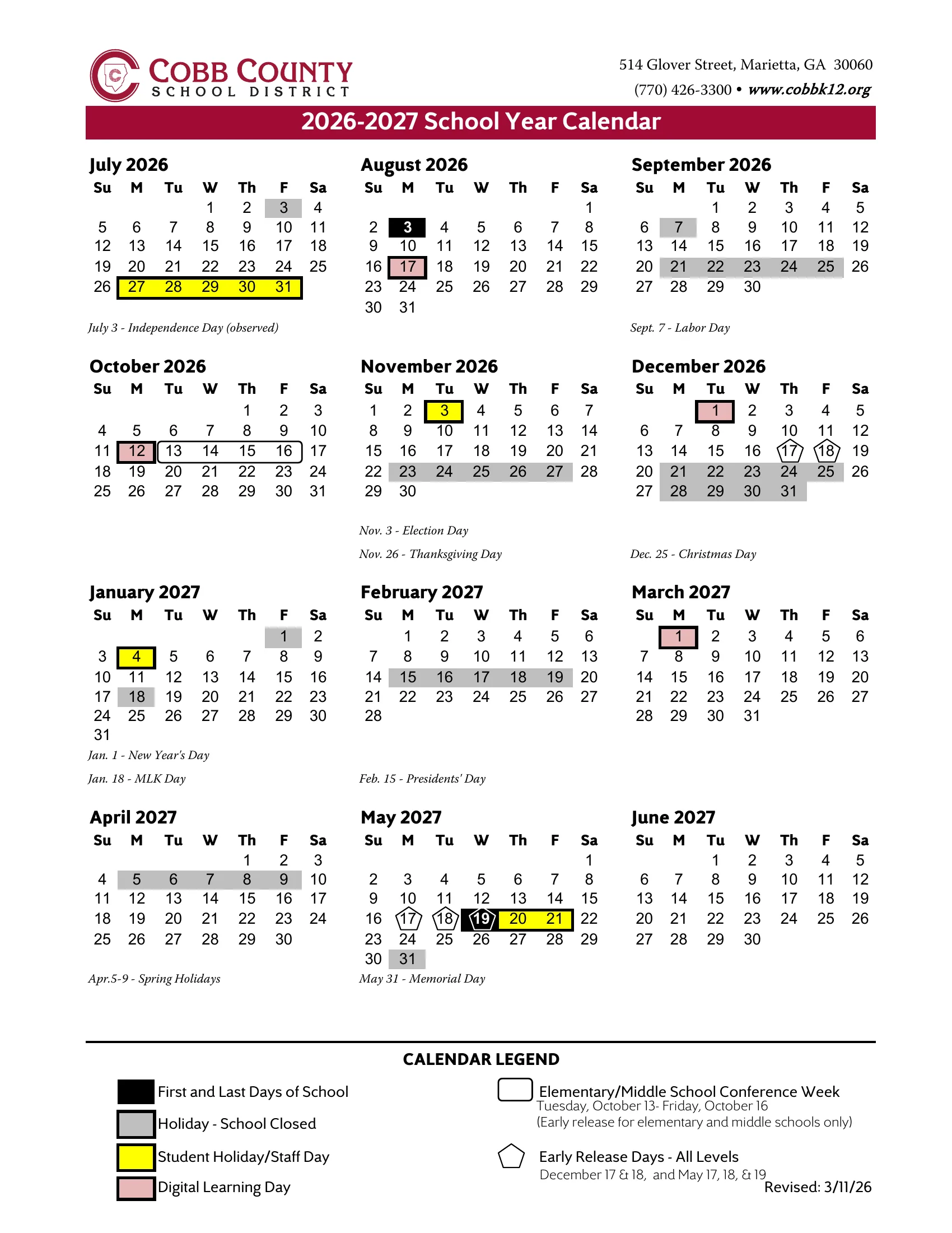 The Cobb County School District 2026-2027 School Year Calendar: month grids from July 2026 to June 2027 with the first and last days in black, holidays in gray, student holiday and staff days in yellow, Digital Learning Days in pink, the elementary and middle school conference week boxed, pentagons on the all-level early release days, and a legend.
