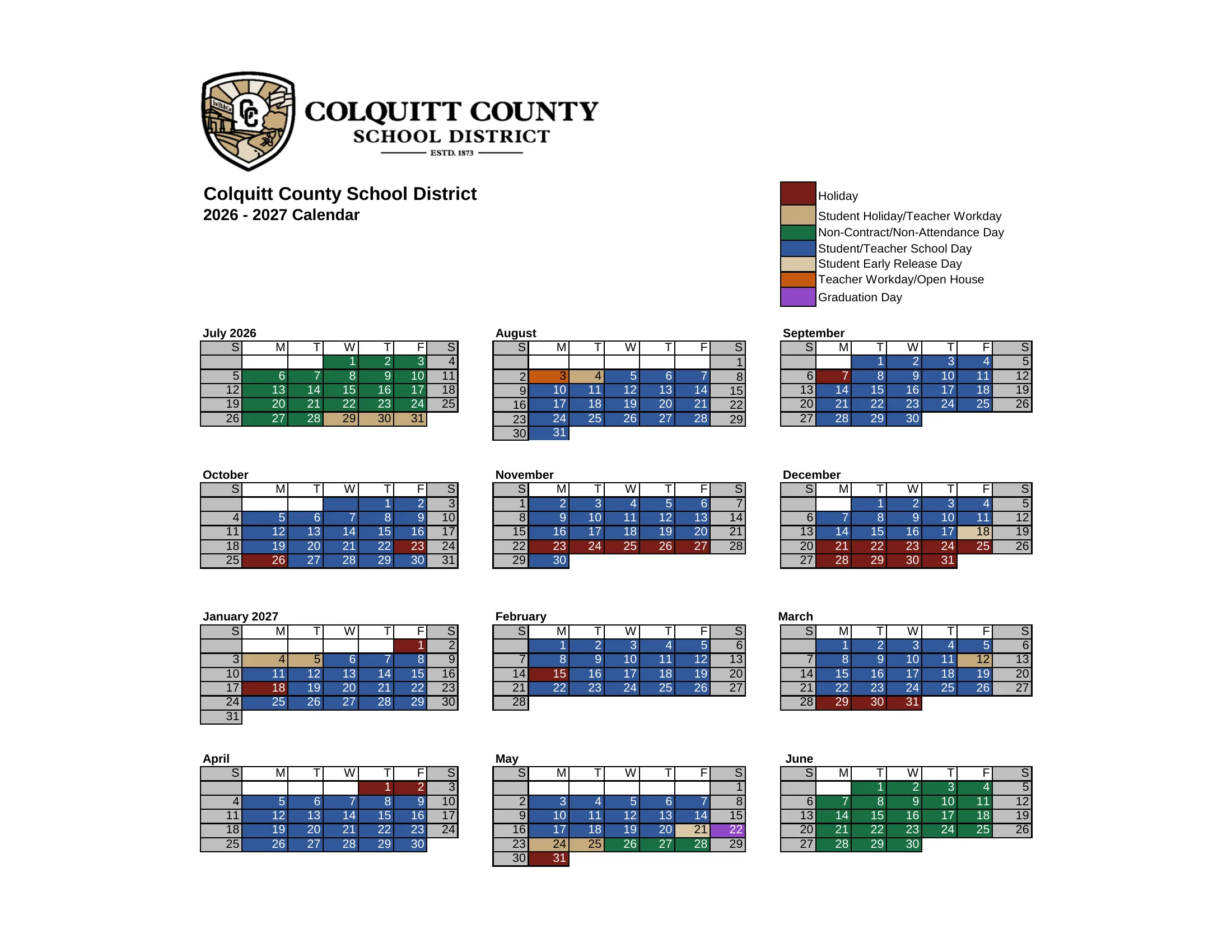The Colquitt County School District 2026-2027 calendar: month grids from July 2026 to June 2027 with school days in blue, holidays in dark red, student holiday and teacher workdays in tan, early release days in light tan, non-contract days in green, the open house workday in orange and graduation day in purple, and a color key.