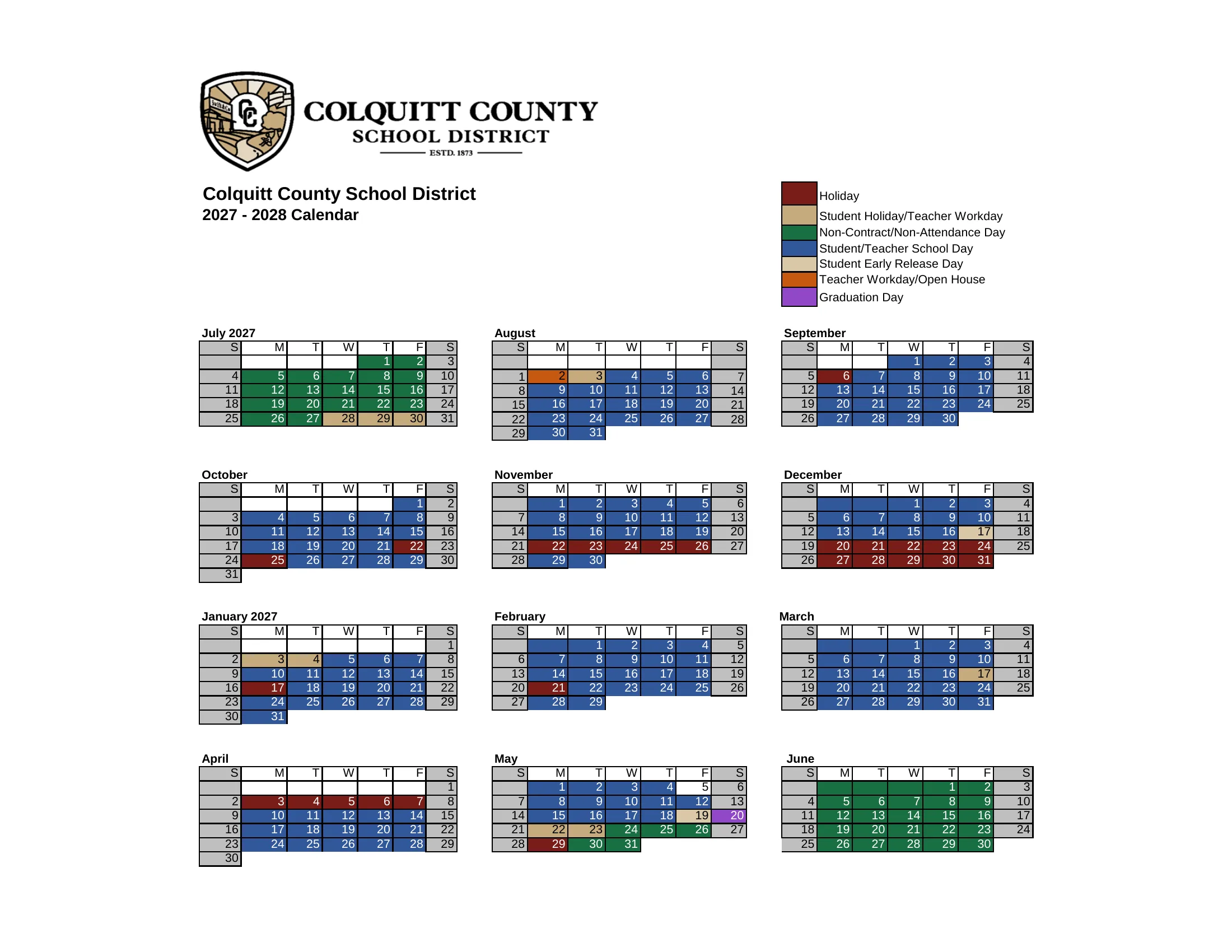 The Colquitt County School District 2027-2028 calendar: month grids from July 2027 to June 2028 with school days in blue, holidays in dark red, student holiday and teacher workdays in tan, early release days in light tan, non-contract days in green, the open house workday in orange and graduation day in purple, and a color key.