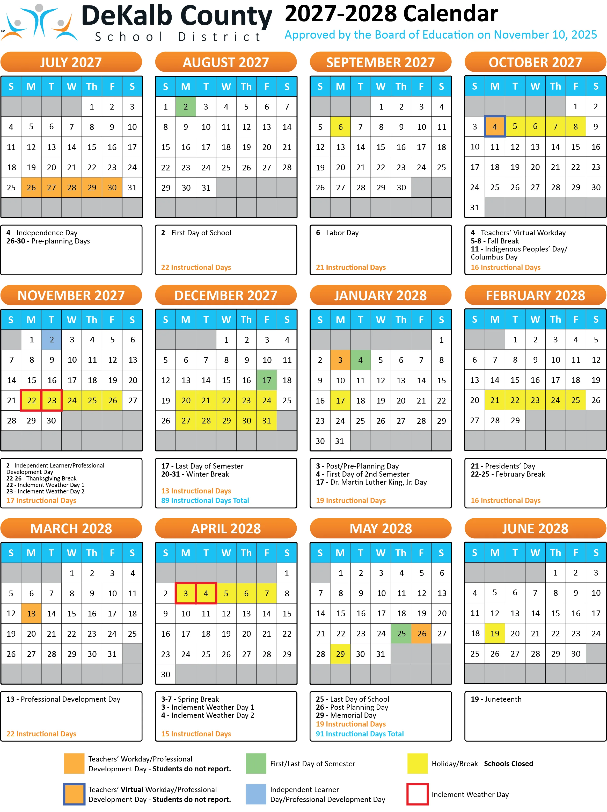 The DeKalb County School District 2027-2028 calendar: twelve month grids from July 2027 to June 2028, with holidays and breaks in yellow, teacher workdays in orange, a teachers' virtual workday outlined in blue, the Independent Learner Day in light blue, first and last days of each semester in green and inclement weather days outlined in red, with each month's dates and instructional day count below its grid.