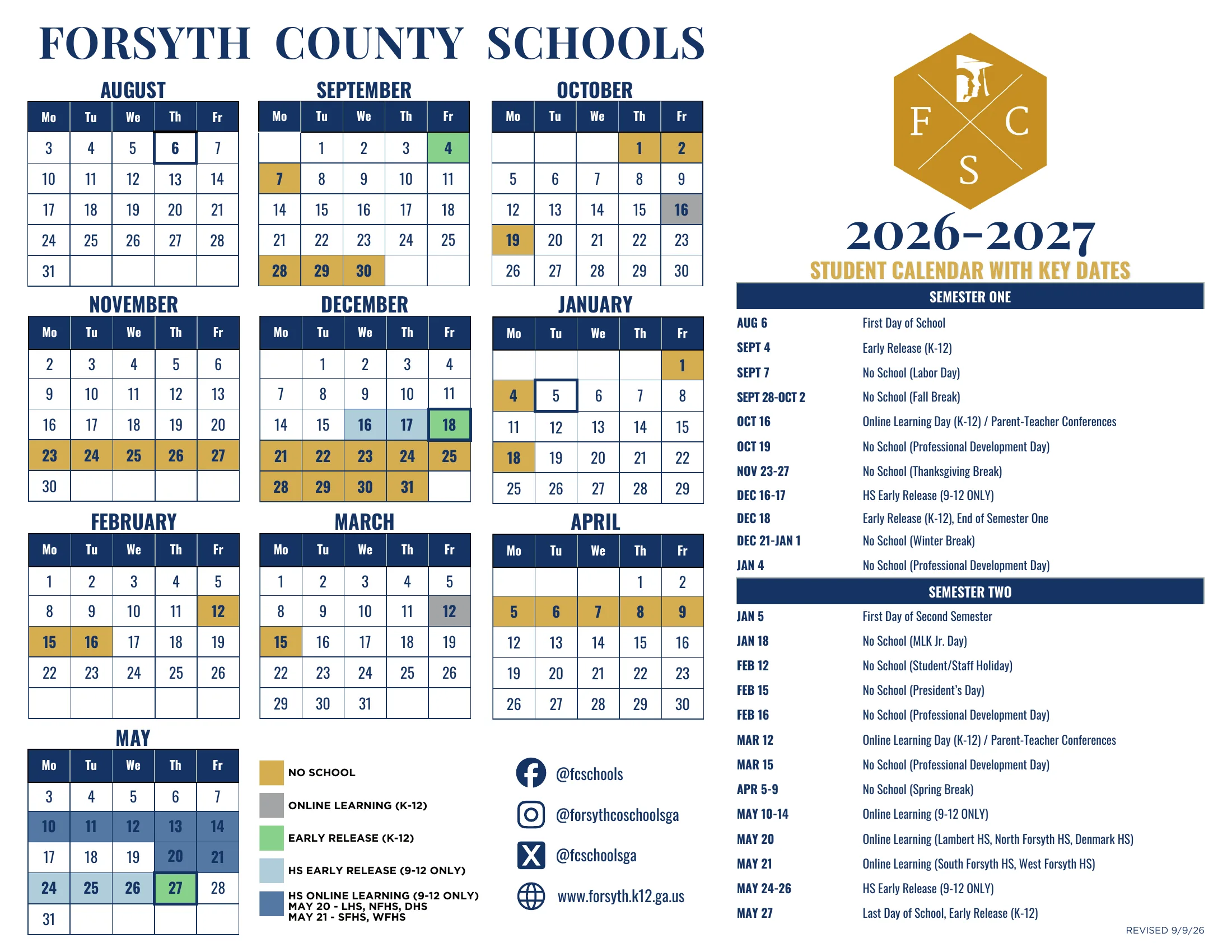 The Forsyth County Schools 2026-2027 Student Calendar: weekday month grids from August 2026 to May 2027 with no school days, K-12 online learning days, K-12 early releases, high school early releases and high school online learning days color-coded, and a list of key dates by semester.