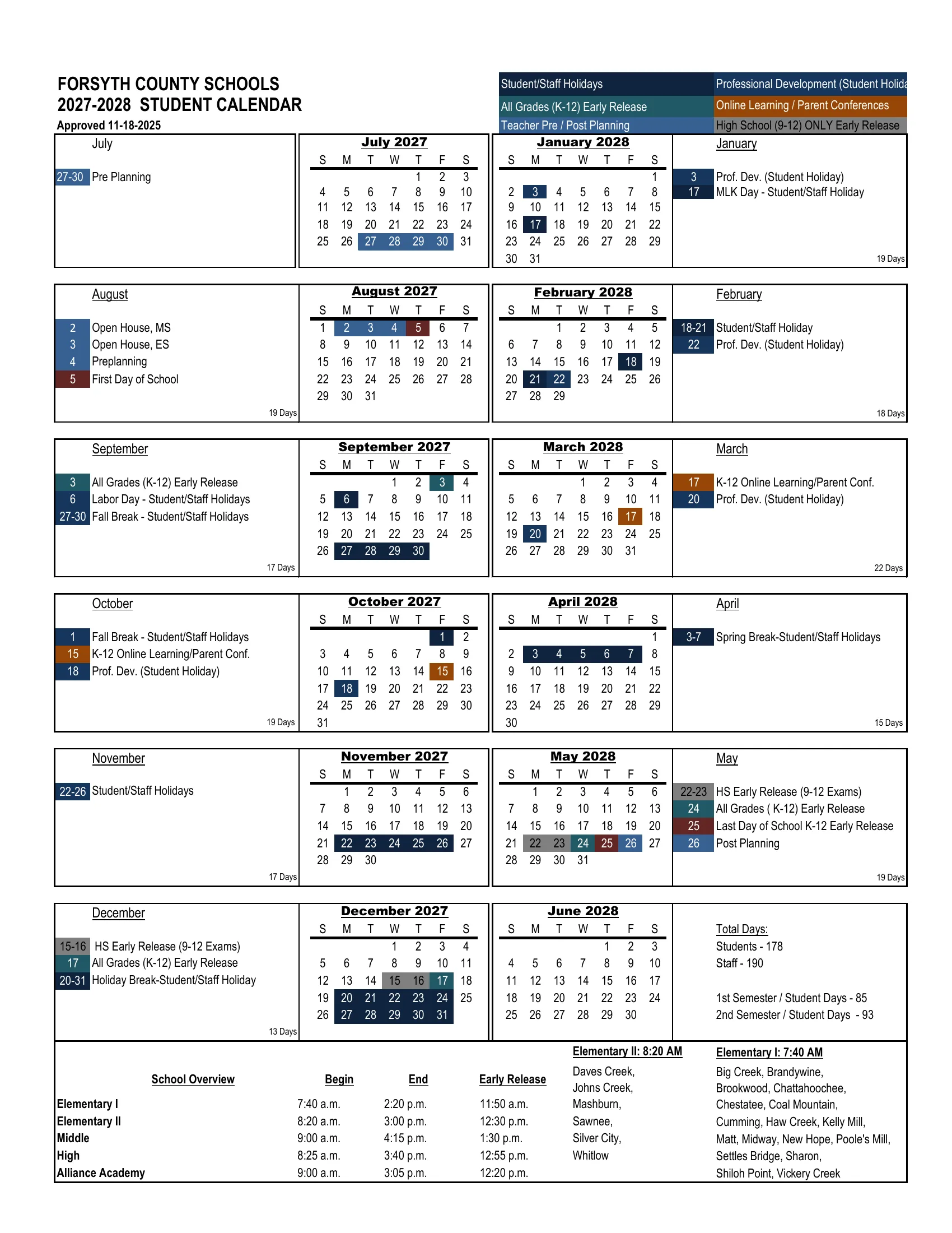 The Forsyth County Schools 2027-2028 Student Calendar: month grids from July 2027 to June 2028 with student and staff holidays, professional development days, K-12 early releases, online learning and parent conference days, teacher planning days and high school early releases color-coded, a dated list beside each month with its student day count, total and semester day counts, and the bell schedule.