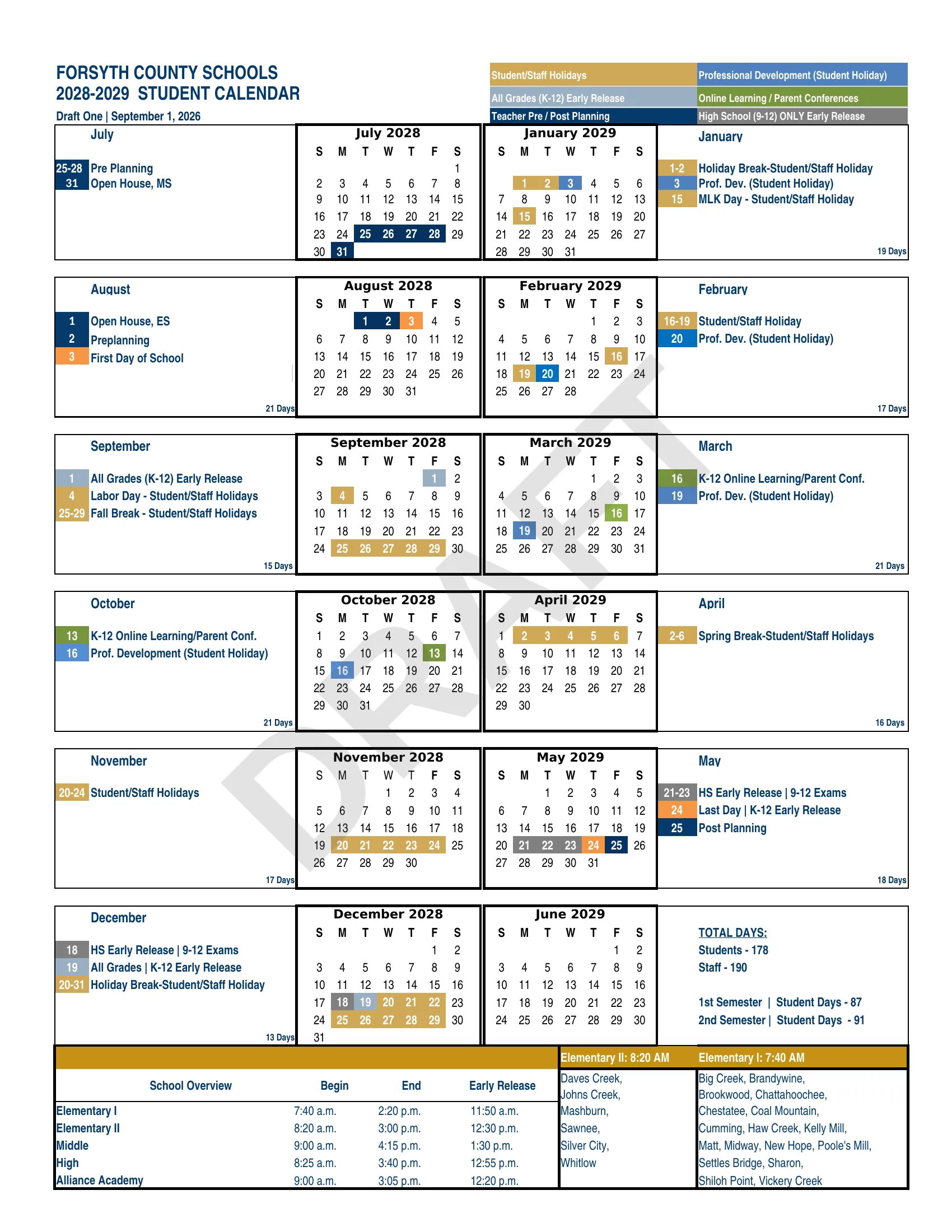 The Forsyth County Schools 2028-2029 Student Calendar: month grids from July 2028 to June 2029 with student and staff holidays, professional development days, K-12 early releases, online learning and parent conference days, teacher planning days and high school early releases color-coded, a dated list beside each month with its student day count, total and semester day counts, and the bell schedule.