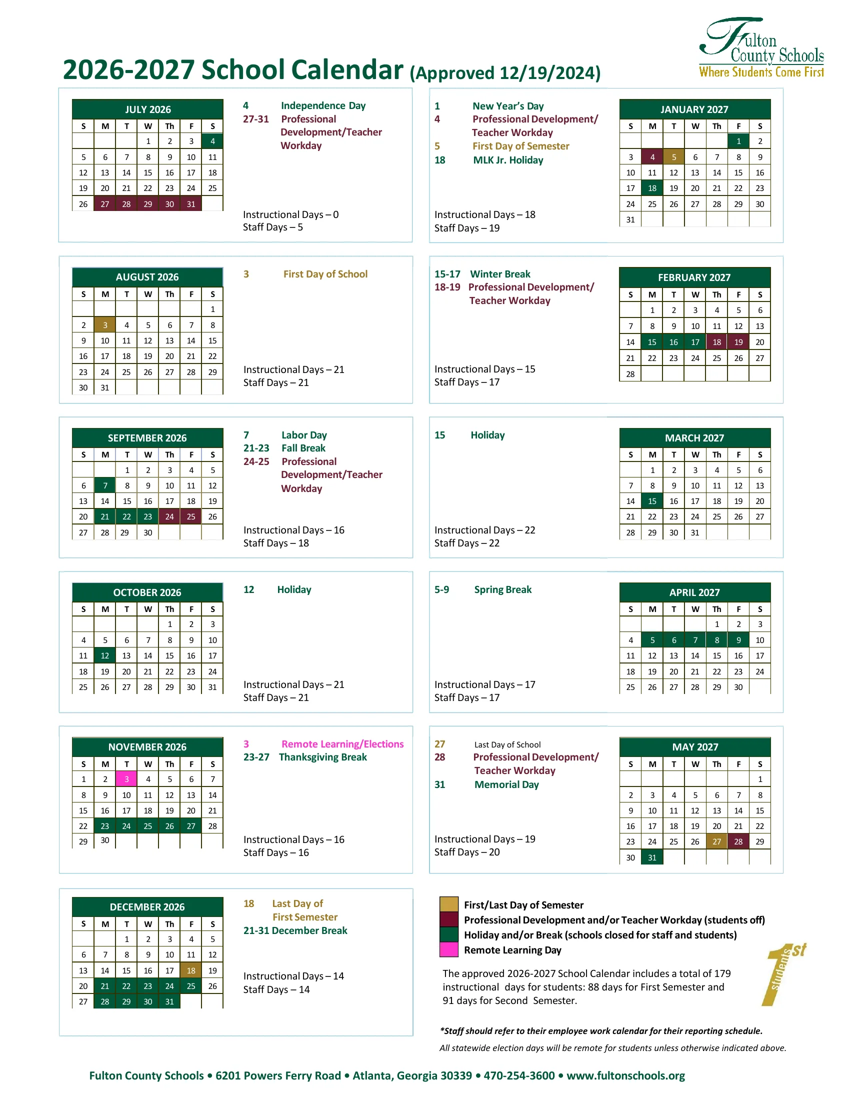 The Fulton County Schools 2026-2027 School Calendar, approved Dec. 19, 2024: twelve month grids from July 2026 to May 2027 with first and last days of each semester in gold, teacher workdays in maroon, holidays and breaks in dark green and the Nov. 3 remote learning day in pink, monthly instructional and staff day counts, and a legend with the 179-day total.