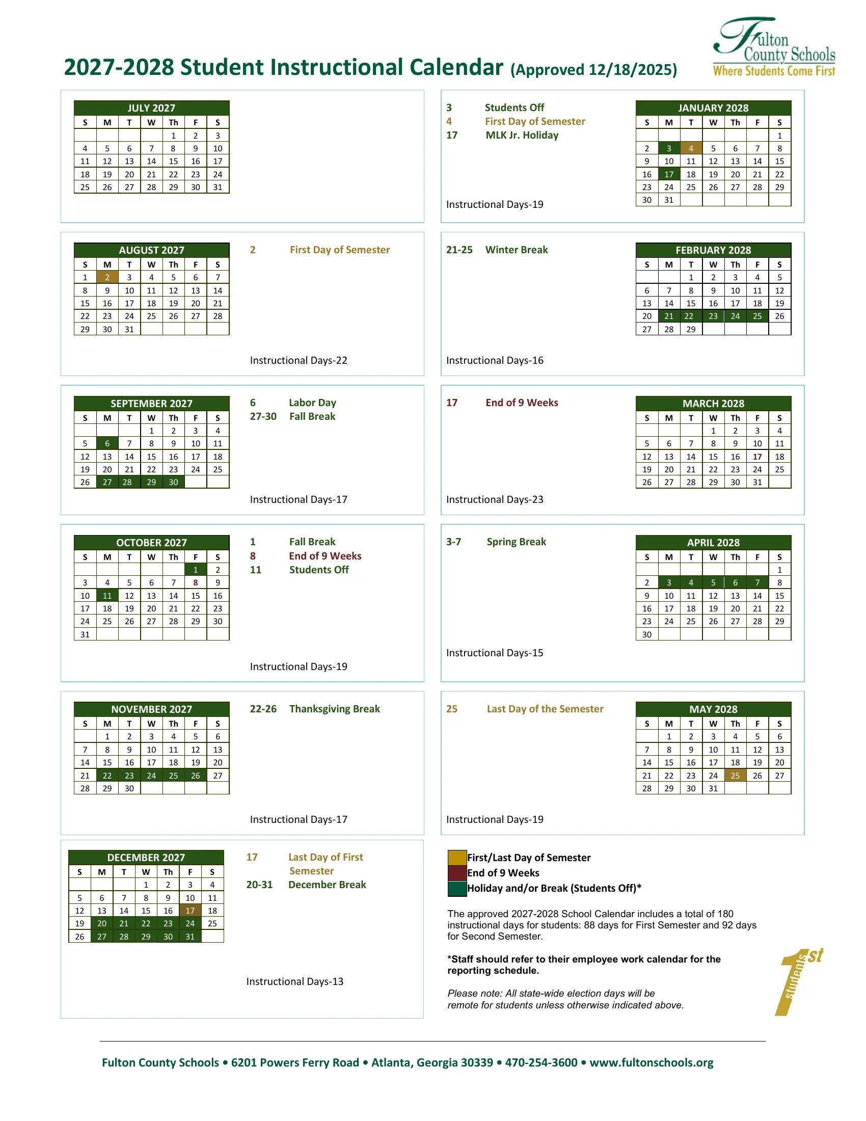 The Fulton County Schools 2027-2028 Student Instructional Calendar, approved Dec. 18, 2025: twelve month grids from July 2027 to May 2028 with first and last days of each semester in gold, ends of nine weeks in maroon and holidays and breaks in dark green, monthly instructional day counts, and a legend with the 180-day total.