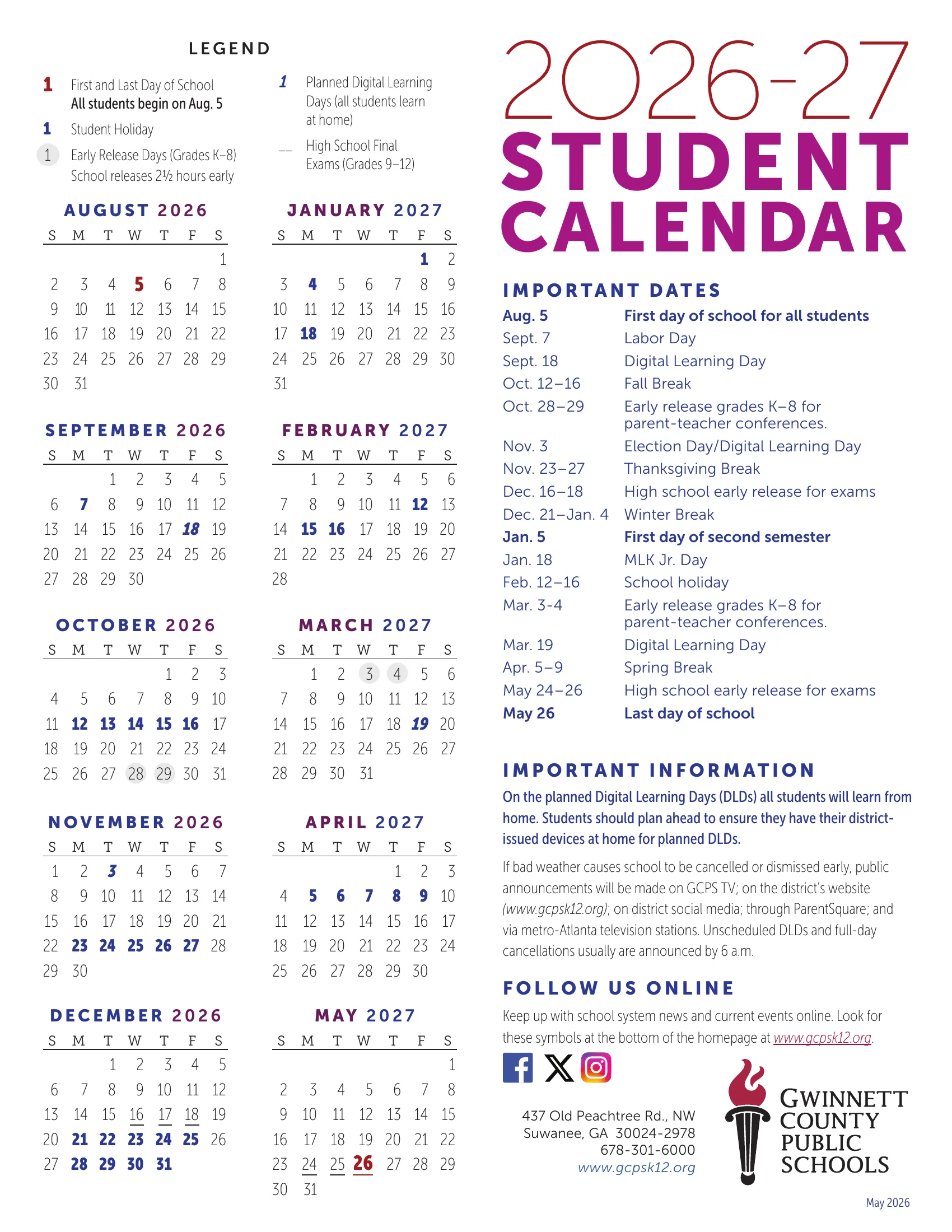 The Gwinnett County Public Schools 2026-27 Student Calendar: month grids from August 2026 to May 2027 with the first and last day in red, student holidays in bold blue, planned Digital Learning Days in italics, K-8 early release days circled and high school exam days underlined, beside a list of important dates.