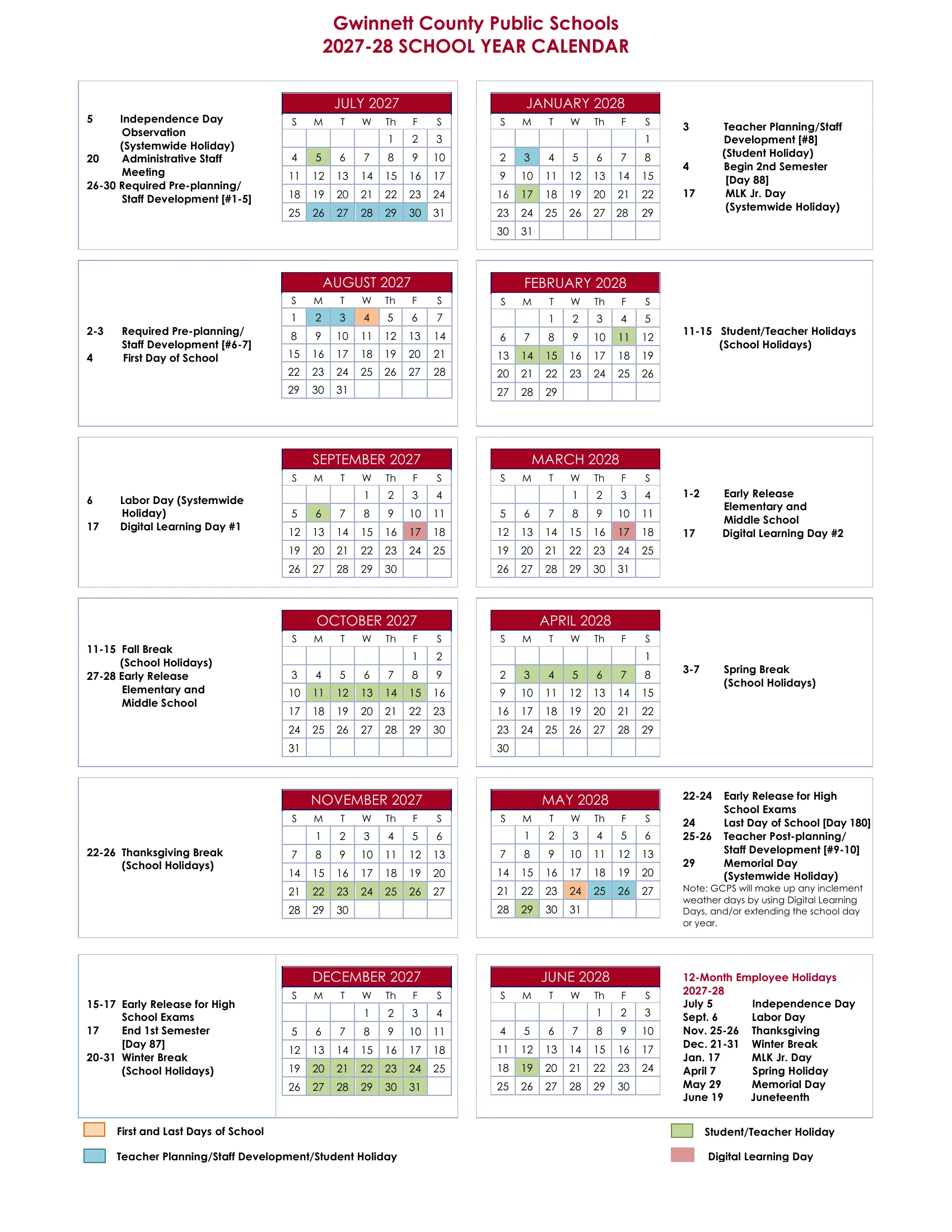 The Gwinnett County Public Schools 2027-28 School Year Calendar: month grids from July 2027 to June 2028 with the first and last day in orange, teacher planning days in blue, student and teacher holidays in green and Digital Learning Days in red, each beside that month's dates, plus the 12-month employee holidays.