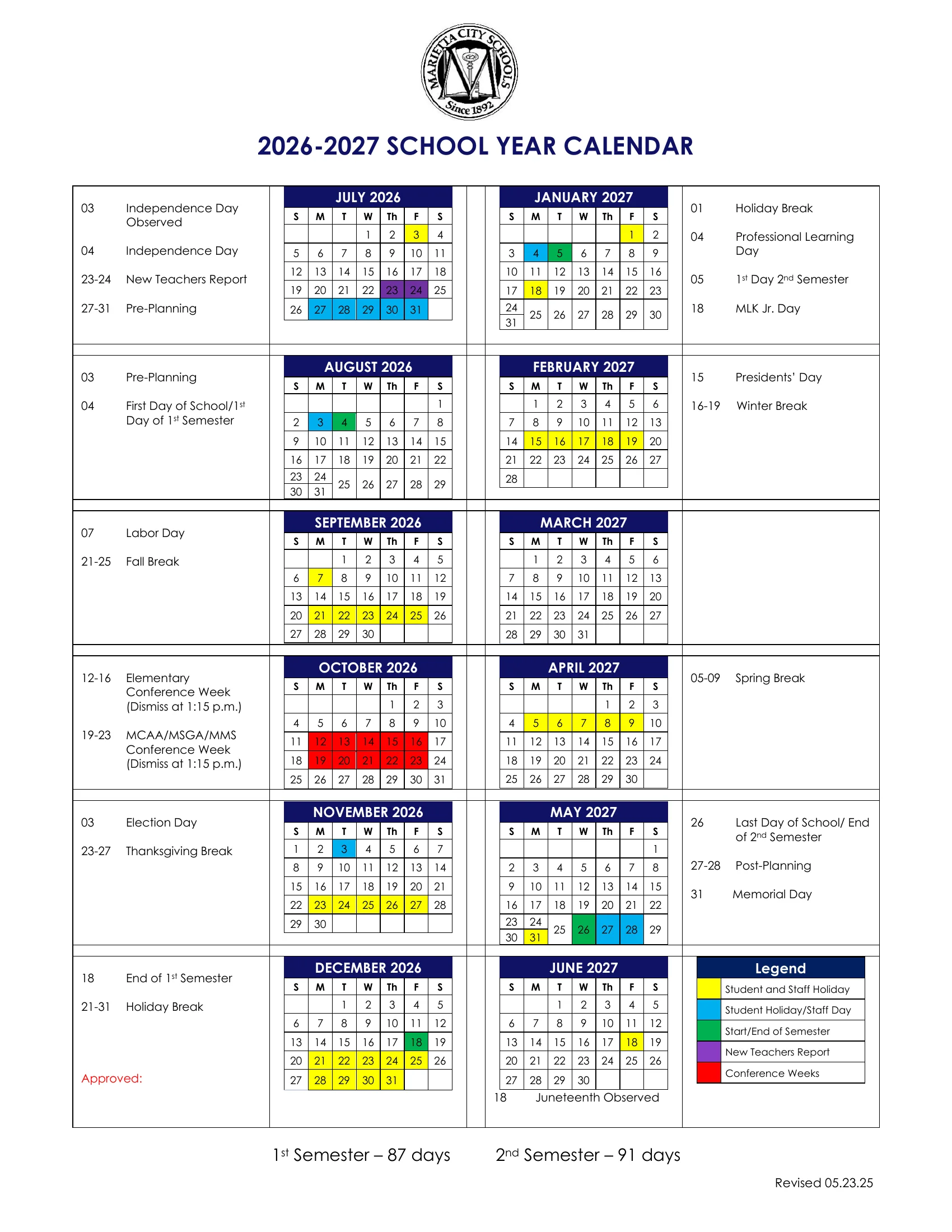 The Marietta City Schools 2026-2027 school year calendar: month grids from July 2026 to June 2027 beside each month's dates, with student and staff holidays in yellow, student holiday and staff days in blue, semester starts and ends in green, new teacher report days in purple and conference weeks in red, and the day count for each semester.