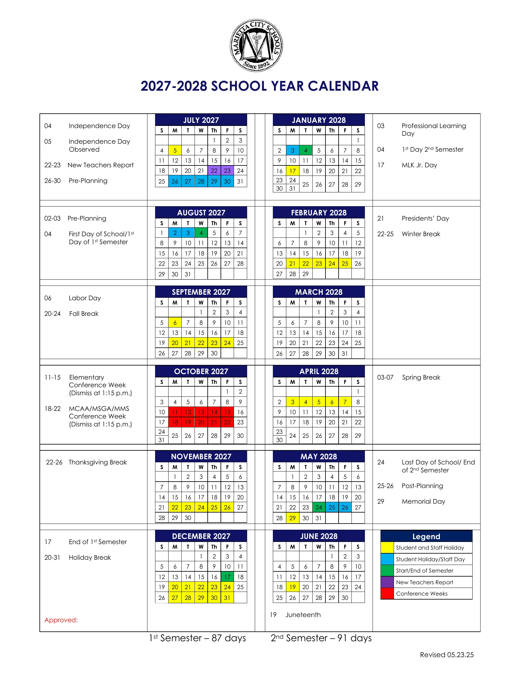 The Marietta City Schools 2027-2028 school year calendar: month grids from July 2027 to June 2028 beside each month's dates, with student and staff holidays in yellow, student holiday and staff days in blue, semester starts and ends in green, new teacher report days in purple and conference weeks in red, and the day count for each semester.