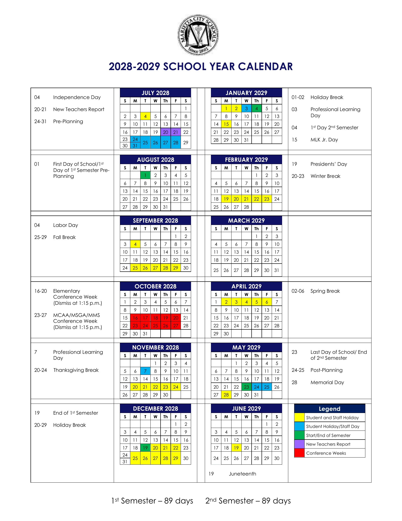 The Marietta City Schools 2028-2029 school year calendar: month grids from July 2028 to June 2029 beside each month's dates, with student and staff holidays in yellow, student holiday and staff days in blue, semester starts and ends in green, new teacher report days in purple and conference weeks in red, and the day count for each semester.