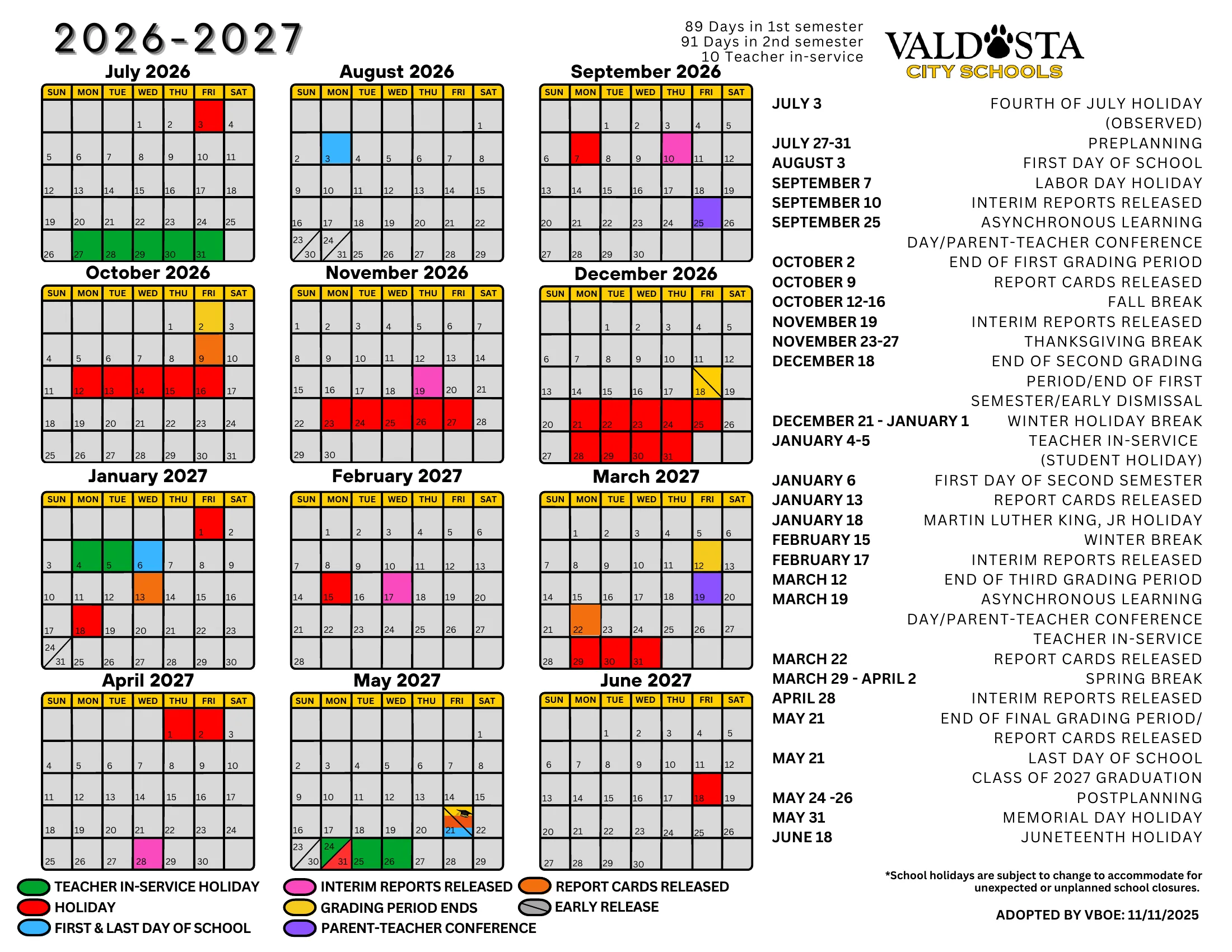 The Valdosta City Schools 2026-2027 academic calendar: month grids from July 2026 to June 2027 with holidays in red, teacher in-service days in green, first and last days in blue, parent-teacher conference days in purple, grading period ends in gold and a dated list of key days.