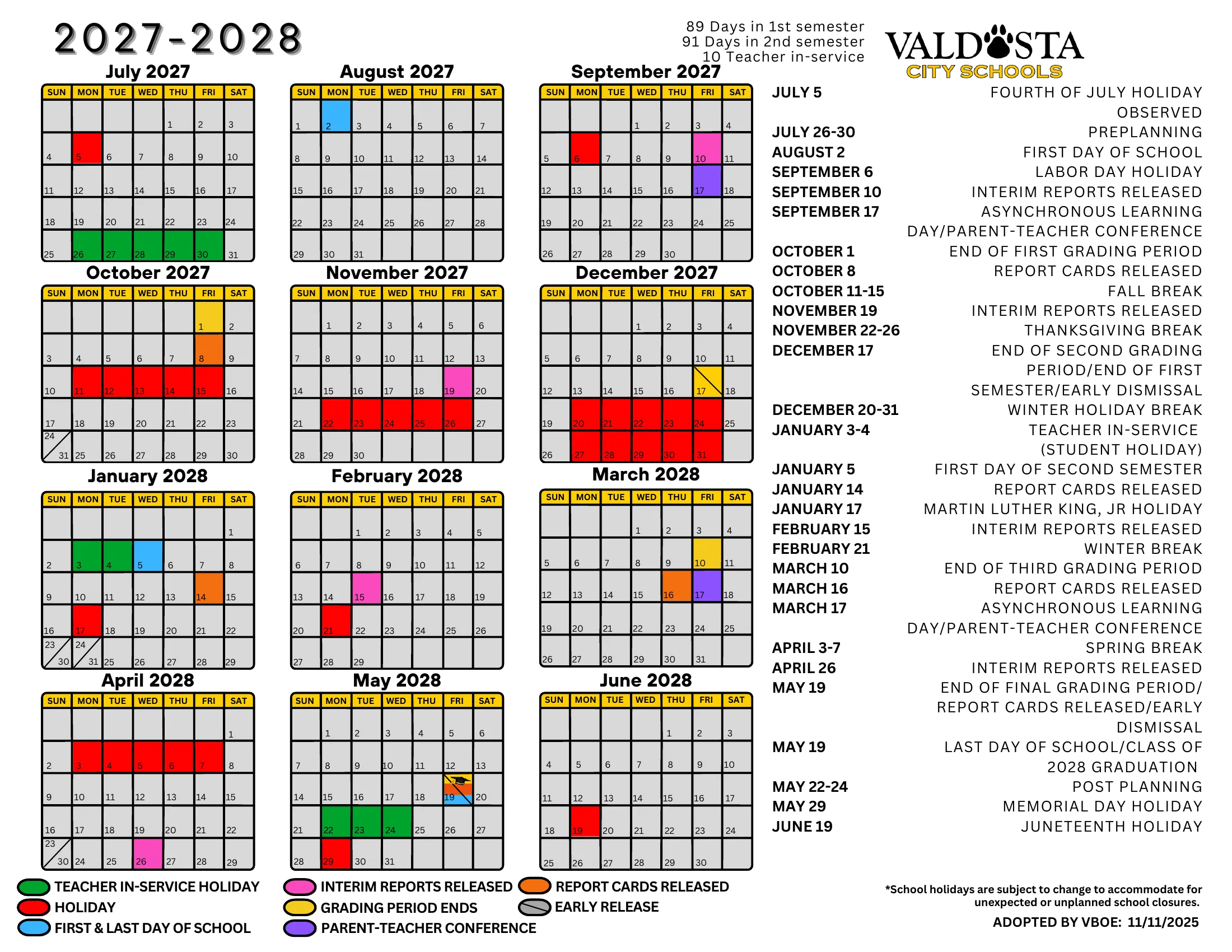 The Valdosta City Schools 2027-2028 academic calendar: month grids from July 2027 to June 2028 with holidays in red, teacher in-service days in green, first and last days in blue, parent-teacher conference days in purple, grading period ends in gold and a dated list of key days.