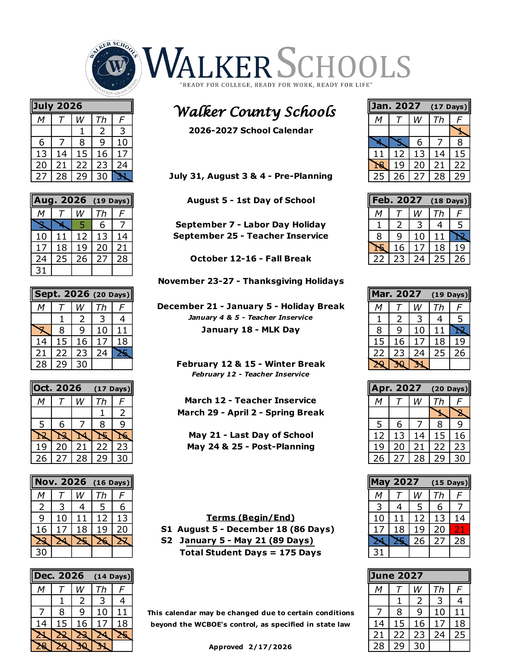 The Walker County Schools 2026-2027 School Calendar: month grids from July 2026 to June 2027 with the student days printed for each month, holidays shaded orange, teacher inservice and planning days shaded blue, the first day green and the last day red, a list of key dates and the two semesters with their day counts.