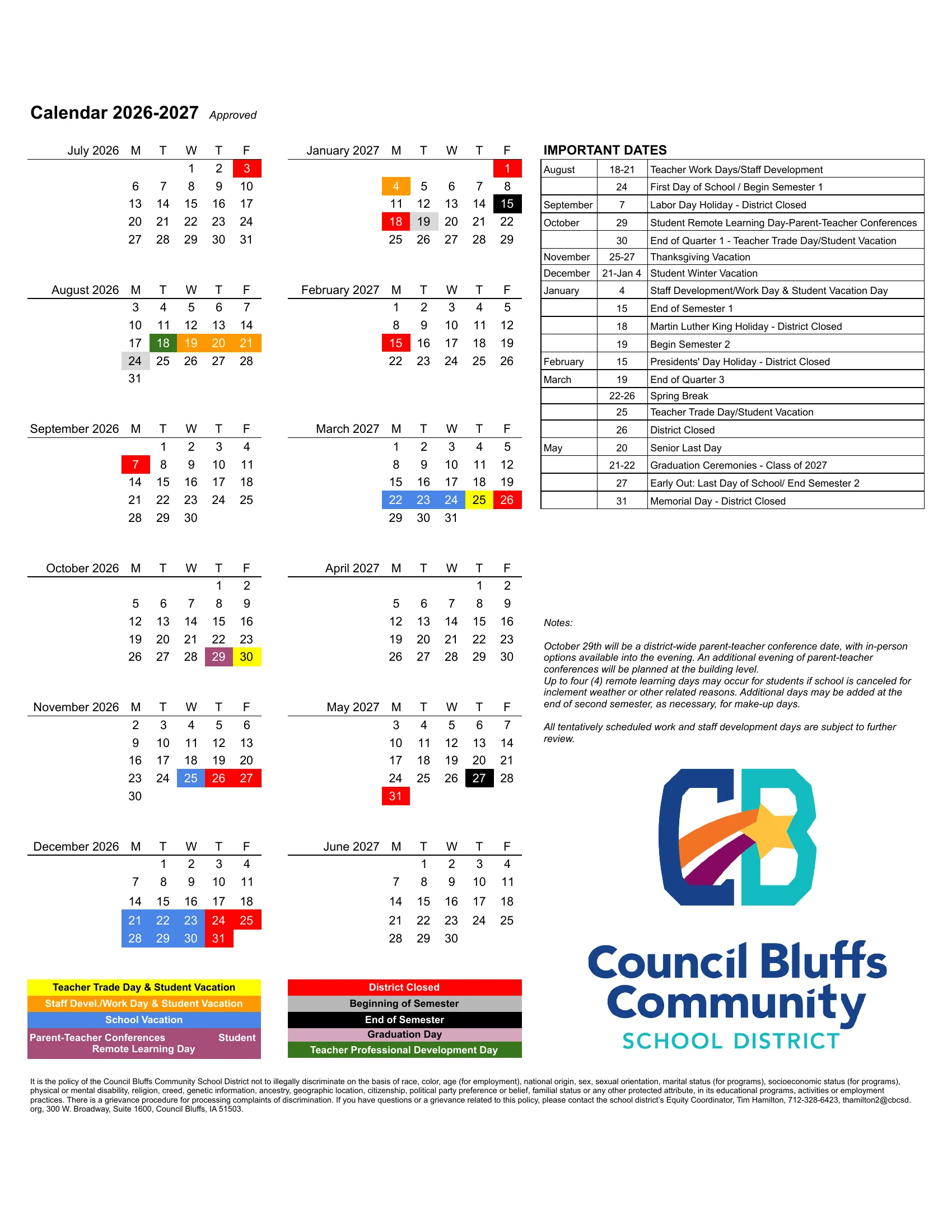The Council Bluffs Community School District Calendar 2026-2027: month grids from July 2026 to June 2027 with district closed days in red, school vacation in blue, staff development and work days in orange, a teacher trade day in yellow, the parent-teacher conference remote learning day in purple, semester starts in gray and ends in black, a list of important dates and notes.