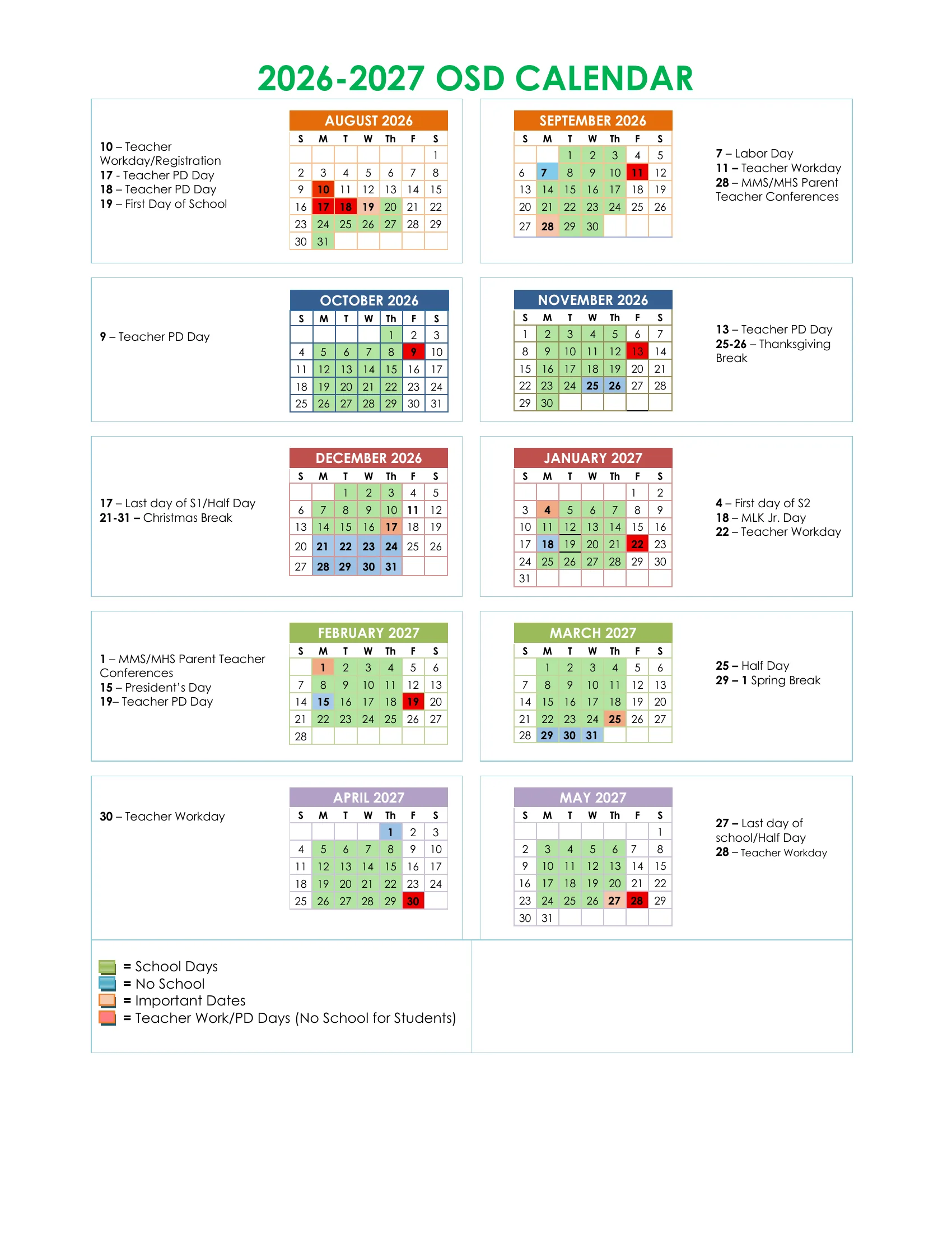 The 2026-2027 OSD calendar: month grids from August 2026 to May 2027 with school days in green, no school days in blue, important dates in peach and teacher work and PD days in red, with each month's dates listed beside its grid.