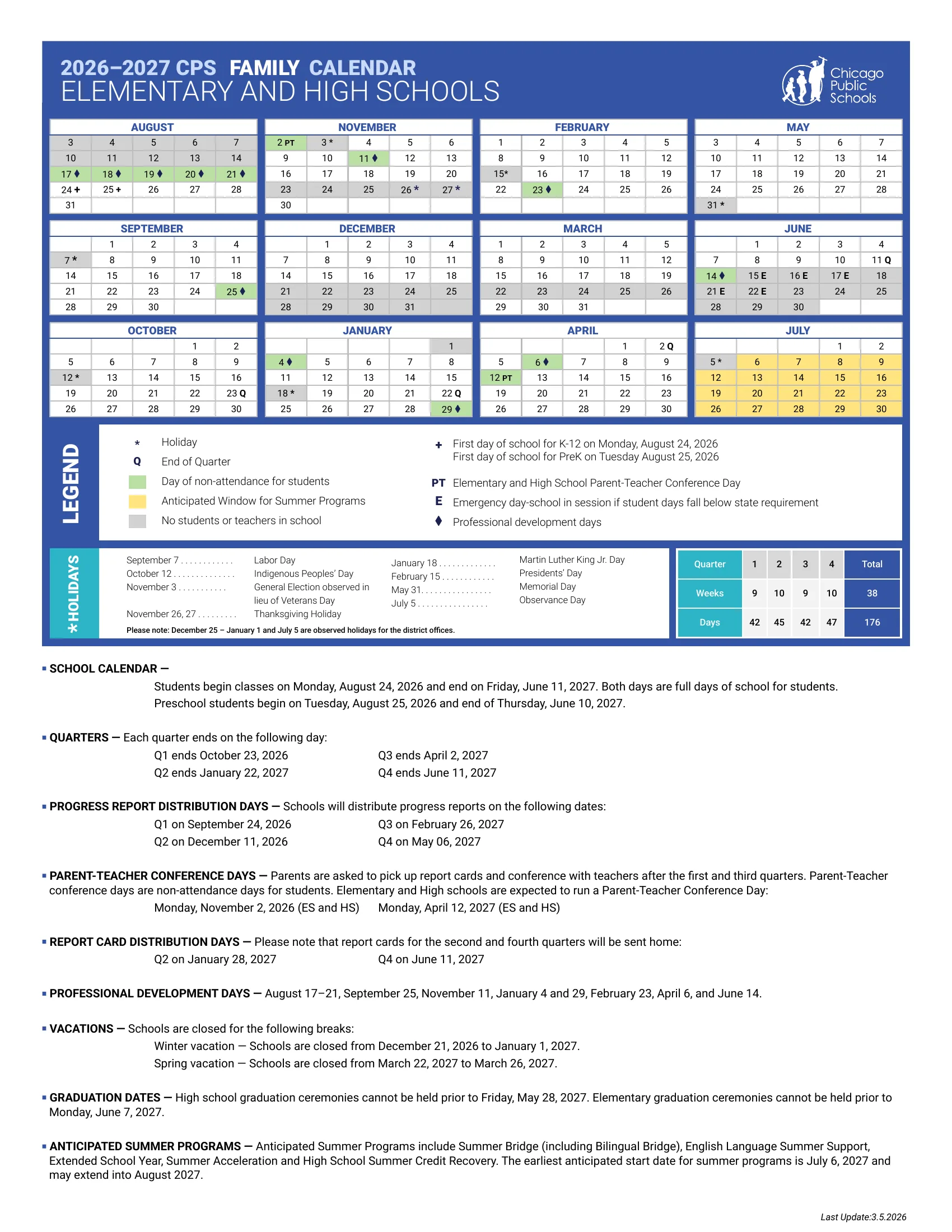The Chicago Public Schools 2026-2027 Family Calendar for elementary and high schools: month grids from August 2026 to July 2027 with holidays and closed days in gray, student non-attendance days in green, the summer program window in yellow, a legend, a holiday list, a quarter table of weeks and days, and notes on quarters, conferences, report cards, professional development days and vacations.