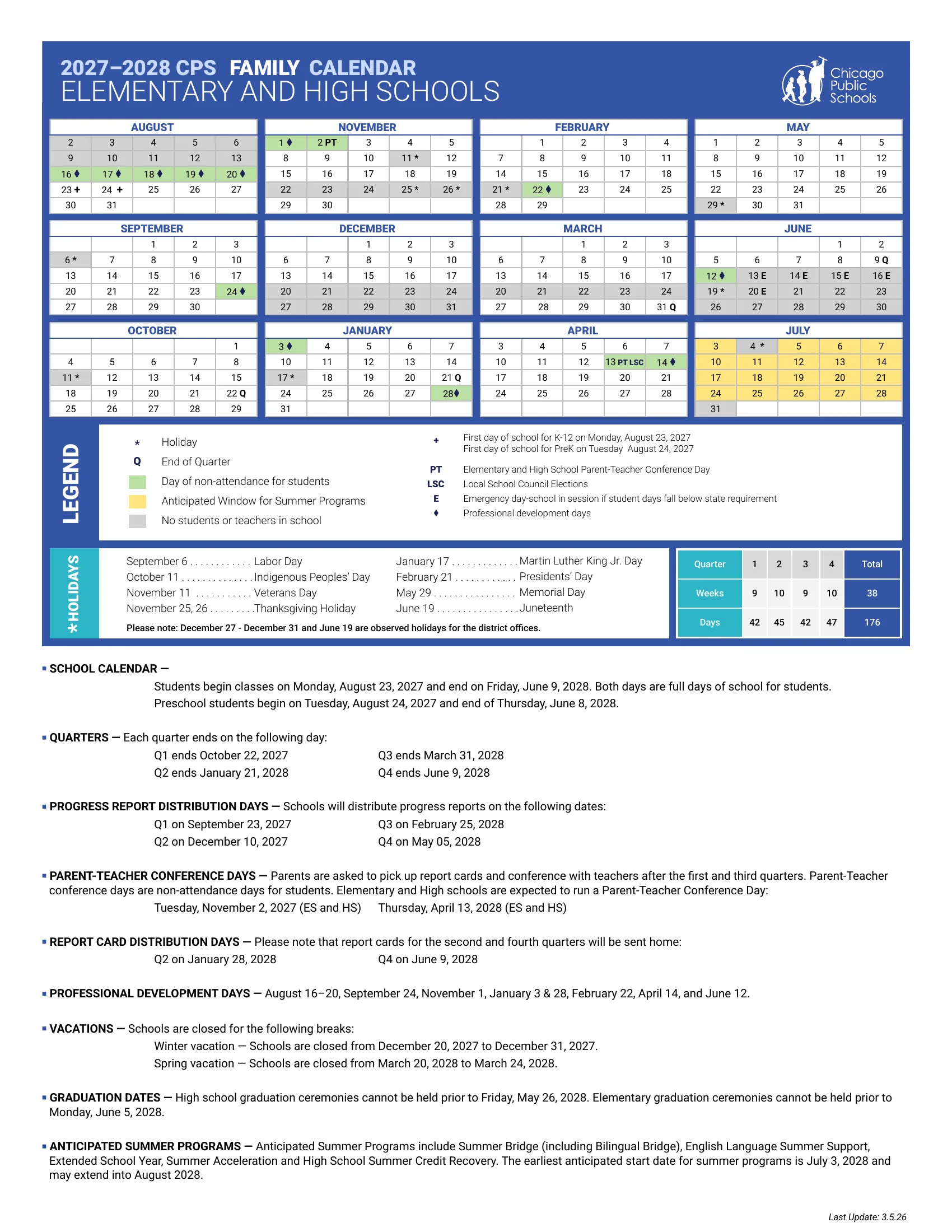 The Chicago Public Schools 2027-2028 Family Calendar for elementary and high schools: month grids from August 2027 to July 2028 with holidays and closed days in gray, student non-attendance days in green, the summer program window in yellow, a legend, a holiday list, a quarter table of weeks and days, and notes on quarters, conferences, report cards, professional development days and vacations.