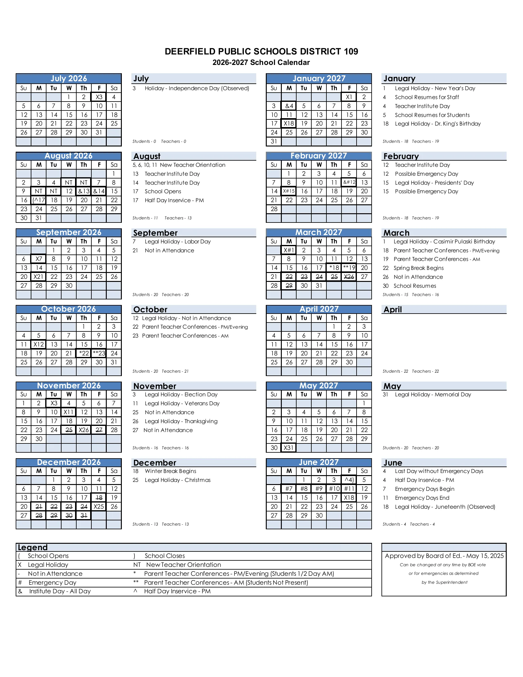 The Deerfield Public Schools District 109 2026-2027 School Calendar: month grids from July 2026 to June 2027 with dated notes beside each month, codes for legal holidays (X), days not in attendance (struck through), emergency days (#), institute days (&), new teacher orientation (NT), parent-teacher conferences (* and **) and half day inservice (^), monthly student and teacher day counts and a legend.
