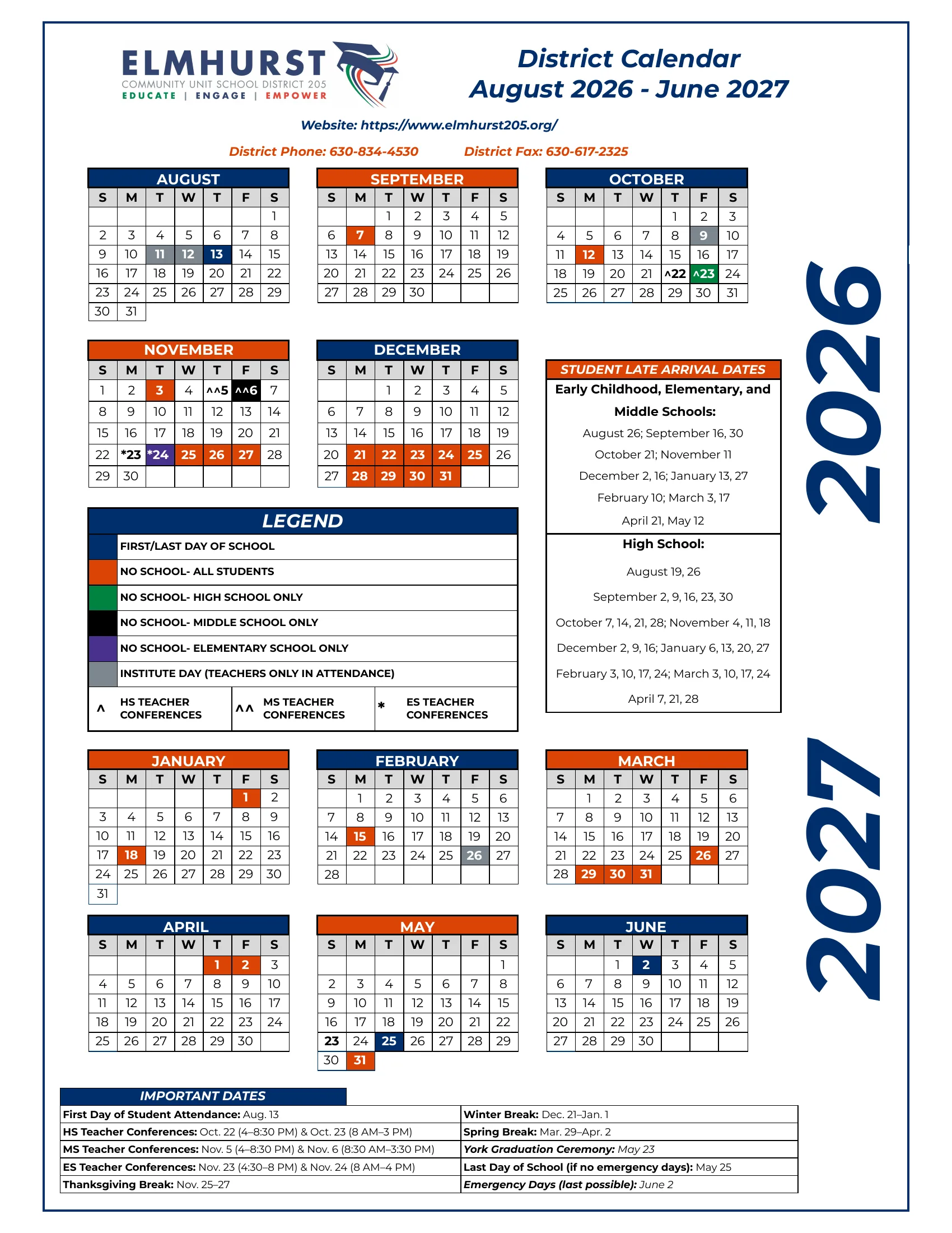 The Elmhurst CUSD 205 district calendar for August 2026 to June 2027: month grids color coded for no school for all students or for one school level, institute days and first and last days, with conference marks, student late arrival dates and an important dates box.