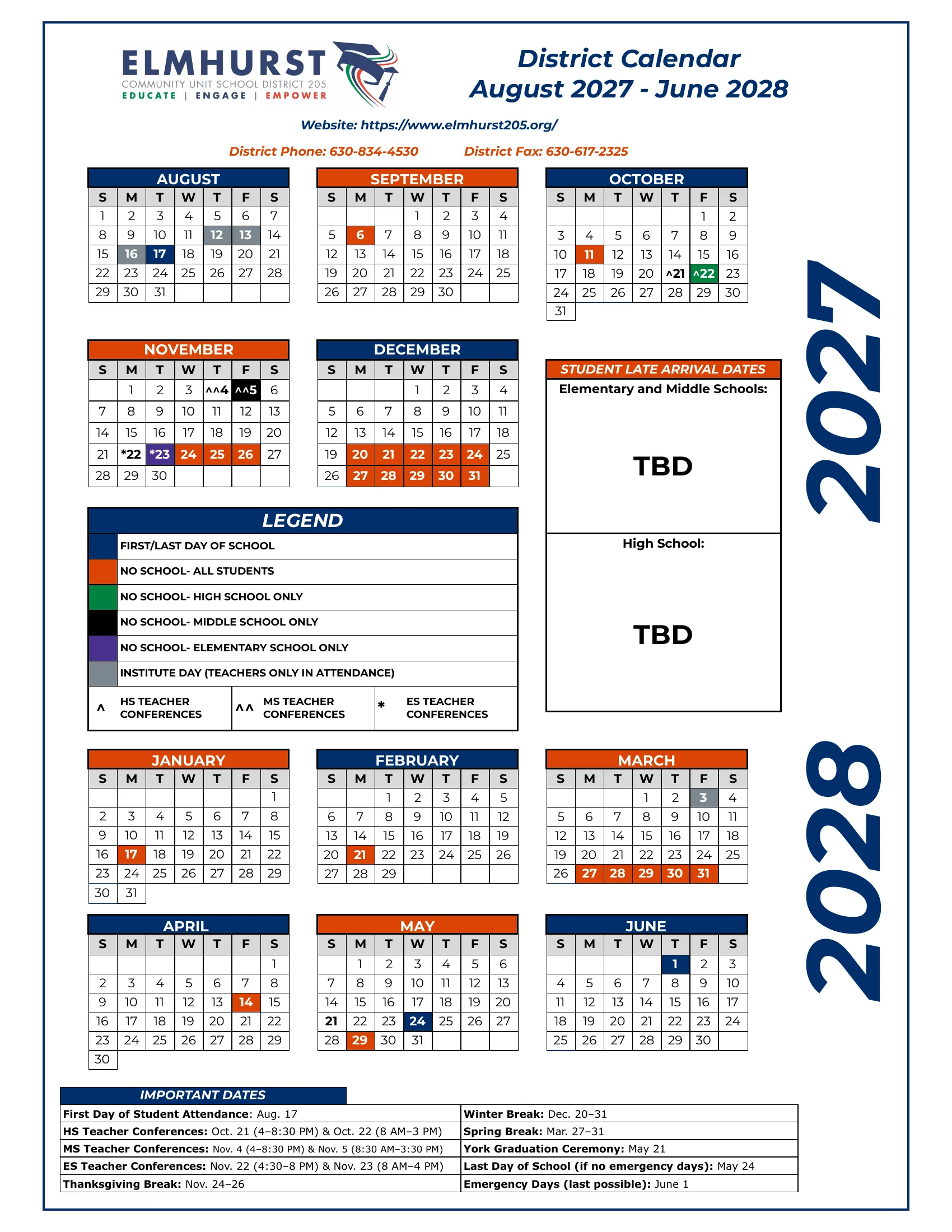 The Elmhurst CUSD 205 district calendar for August 2027 to June 2028: month grids color coded for no school for all students or for one school level, institute days and first and last days, with conference marks and an important dates box.