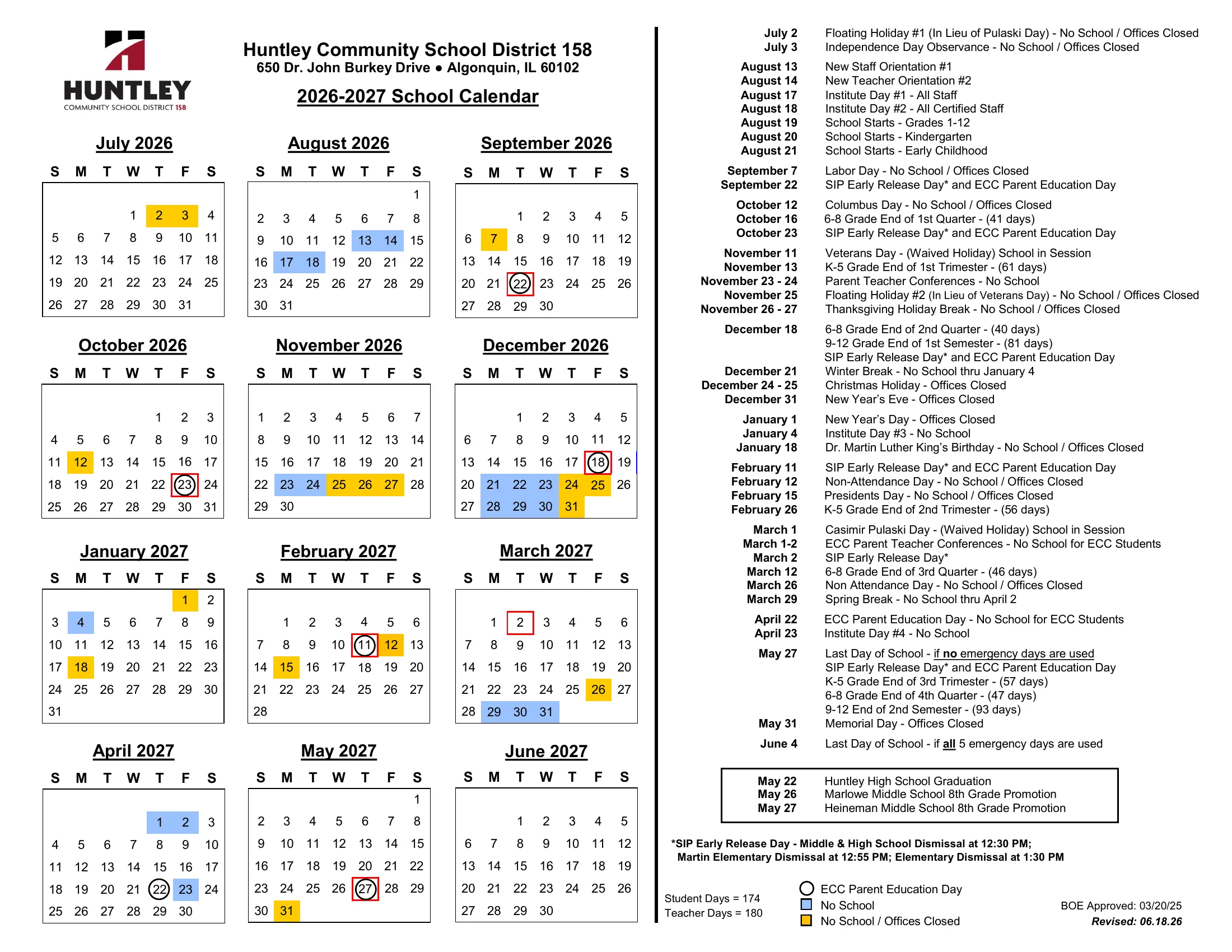 The Huntley Community School District 158 2026-2027 School Calendar: month grids from July 2026 to June 2027 with no-school days in blue, no-school and offices-closed days in gold, SIP early release days boxed in red and ECC parent education days circled, beside a dated list of events and the student and teacher day totals.