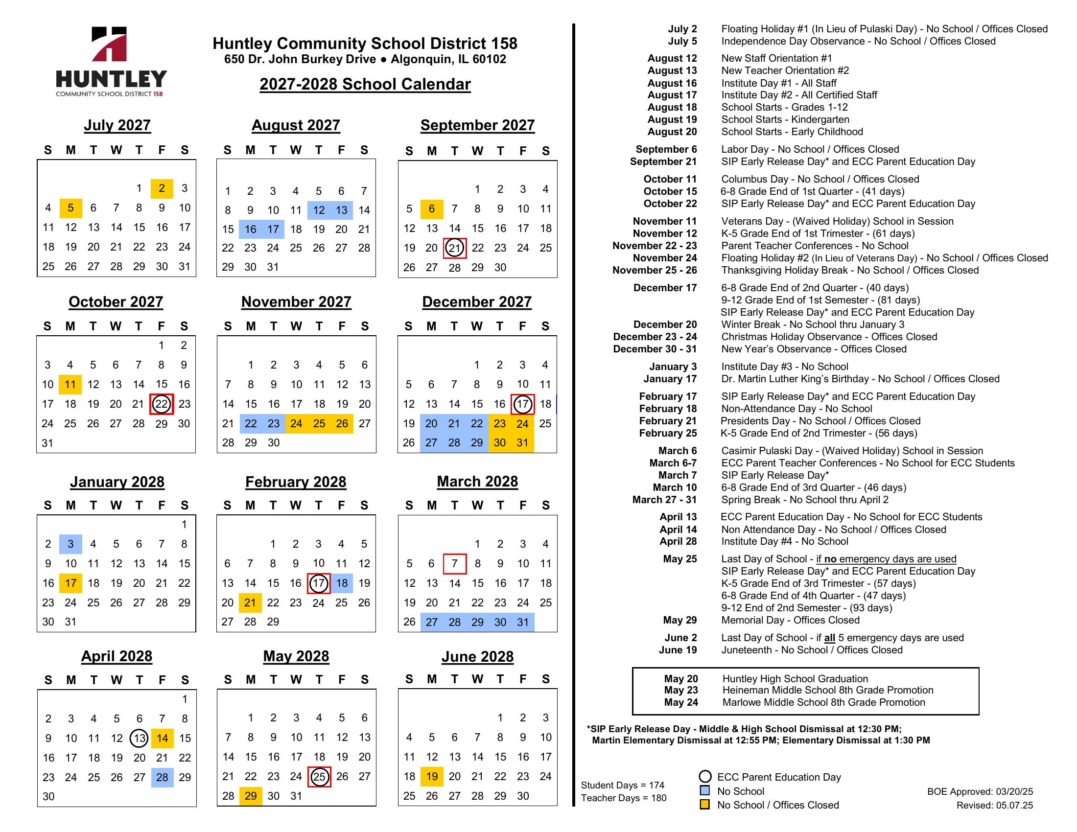 The Huntley Community School District 158 2027-2028 School Calendar: month grids from July 2027 to June 2028 with no-school days in blue, no-school and offices-closed days in gold, SIP early release days boxed in red and ECC parent education days circled, beside a dated list of events and the student and teacher day totals.