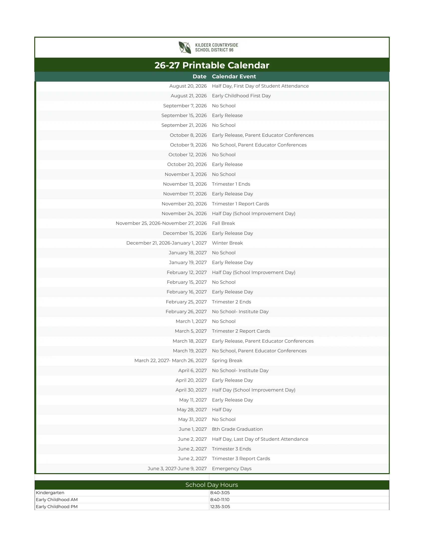 The Kildeer Countryside School District 96 26-27 printable calendar: a dated list of events from Aug. 20, 2026 to June 9, 2027 (first and last days, days off, early release and half days, conferences, trimester ends and emergency days), then tables of school day hours, early release hours and half day hours.
