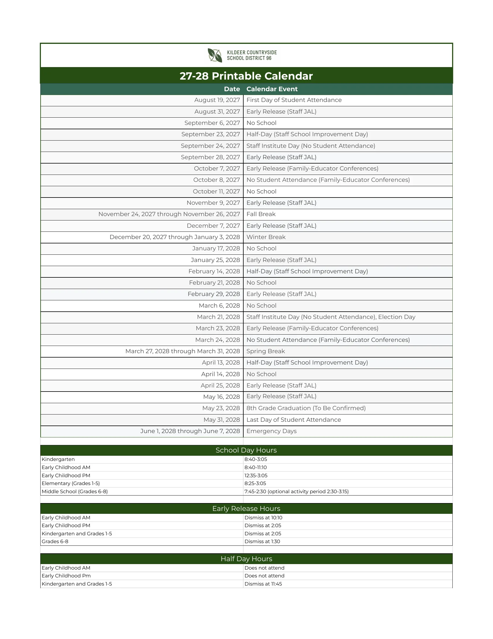 The Kildeer Countryside School District 96 27-28 printable calendar: a dated list of events from Aug. 19, 2027 to June 7, 2028 (first and last days, days off, early release and half days, family-educator conferences and emergency days), then tables of school day hours, early release hours and half day hours.