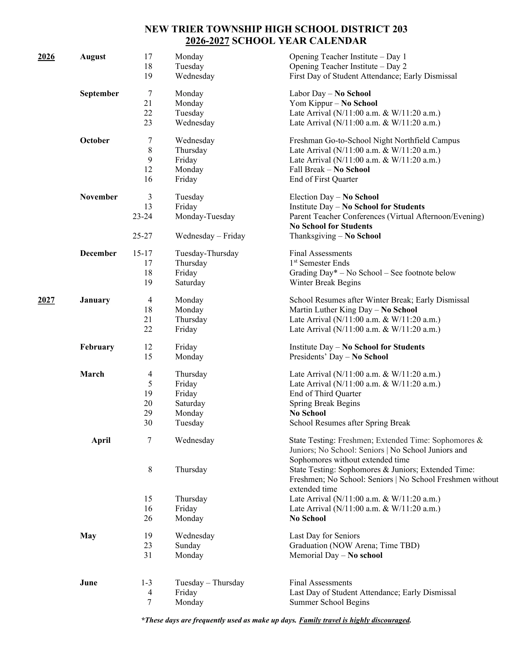 The New Trier Township High School District 203 2026-2027 School Year Calendar: a dated list of key days on page 1, color-coded month grids from July 2026 to June 2027 with monthly and semester day counts and a legend on page 2, and both on one landscape sheet on page 3.