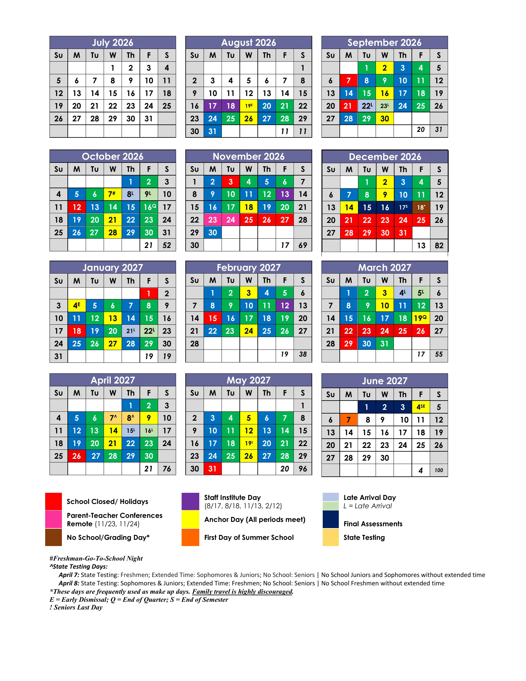 The New Trier Township High School District 203 2026-2027 School Year Calendar: a dated list of key days on page 1, color-coded month grids from July 2026 to June 2027 with monthly and semester day counts and a legend on page 2, and both on one landscape sheet on page 3. Page 2 of 3.
