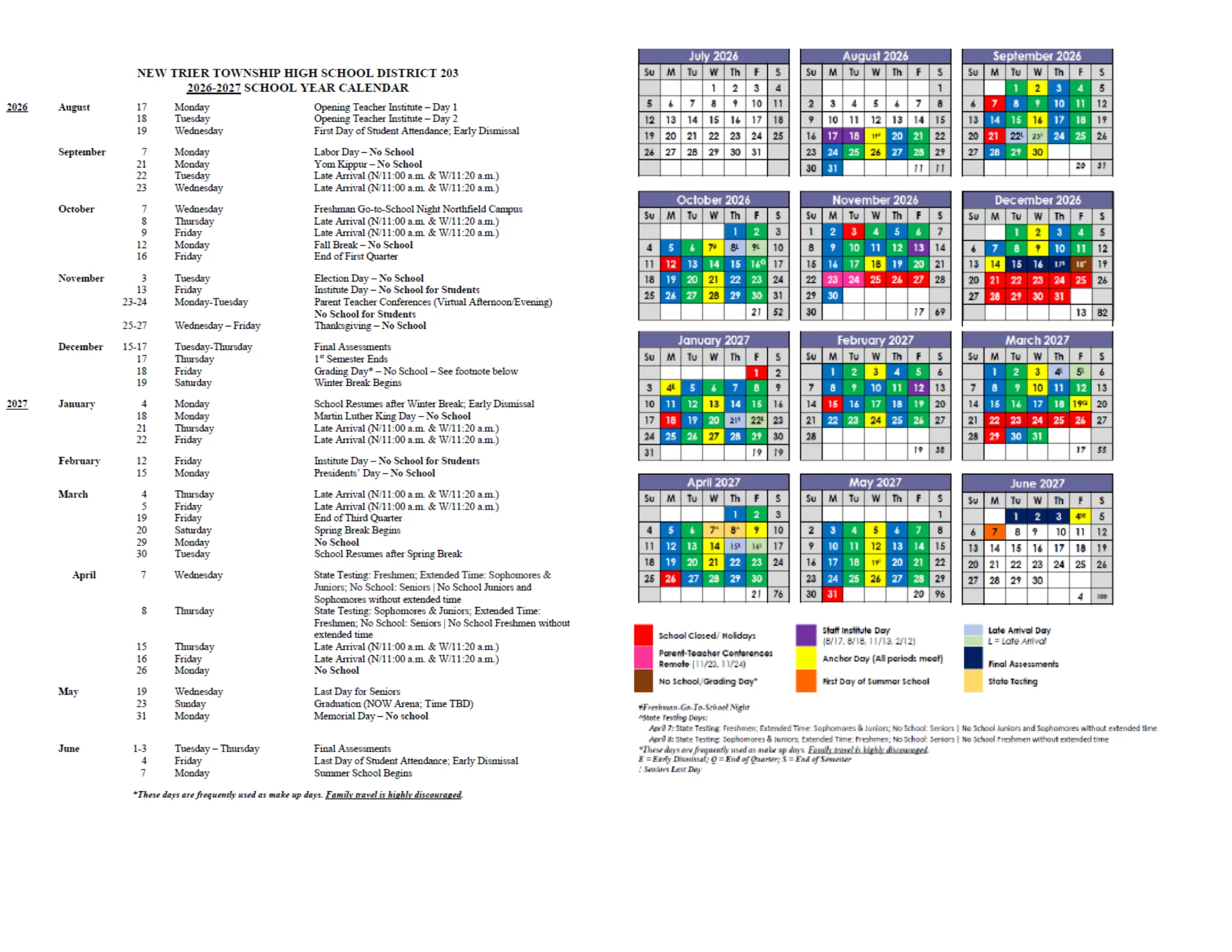 The New Trier Township High School District 203 2026-2027 School Year Calendar: a dated list of key days on page 1, color-coded month grids from July 2026 to June 2027 with monthly and semester day counts and a legend on page 2, and both on one landscape sheet on page 3. Page 3 of 3.