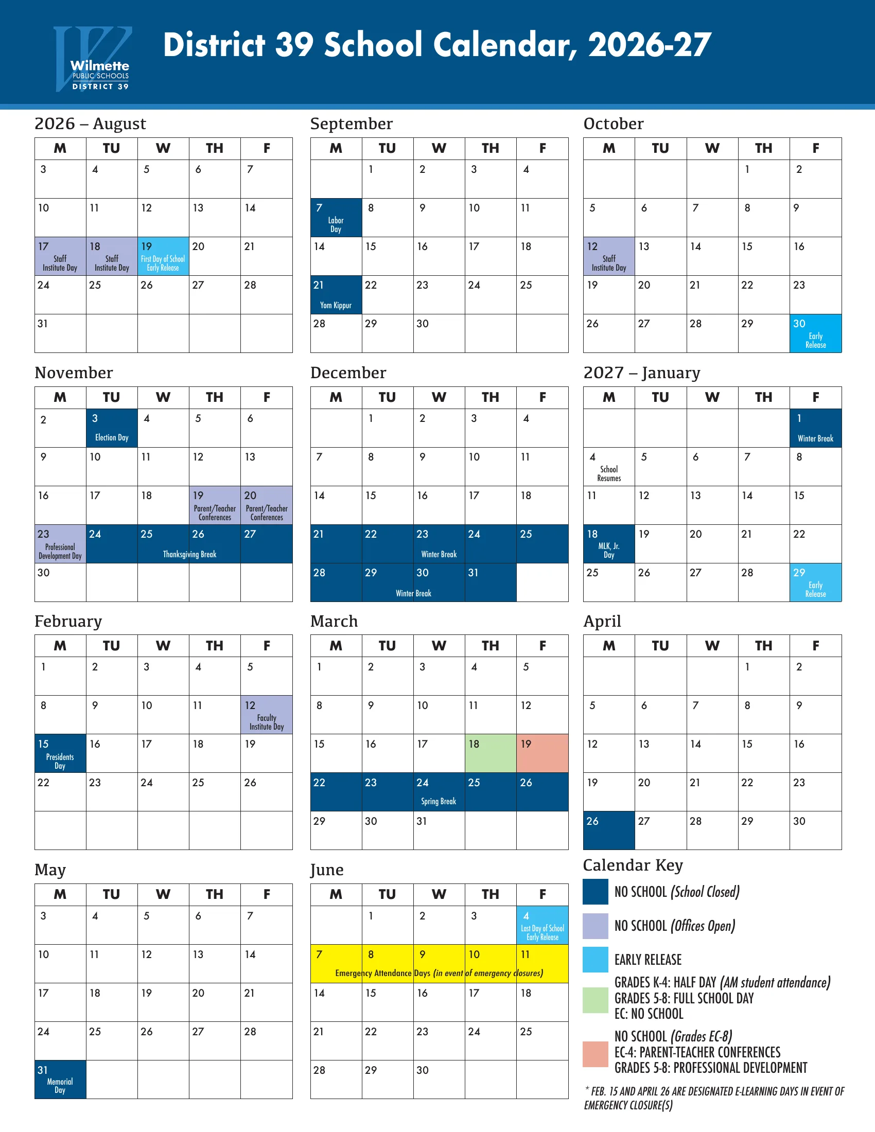 The District 39 School Calendar, 2026-27: weekday month grids from August 2026 to June 2027 with school-closed days in dark blue, no-school office-open days in lavender, early releases in light blue, the K-4 half day in green, the K-4 conference day in salmon, the June emergency attendance days in yellow, and a calendar key.