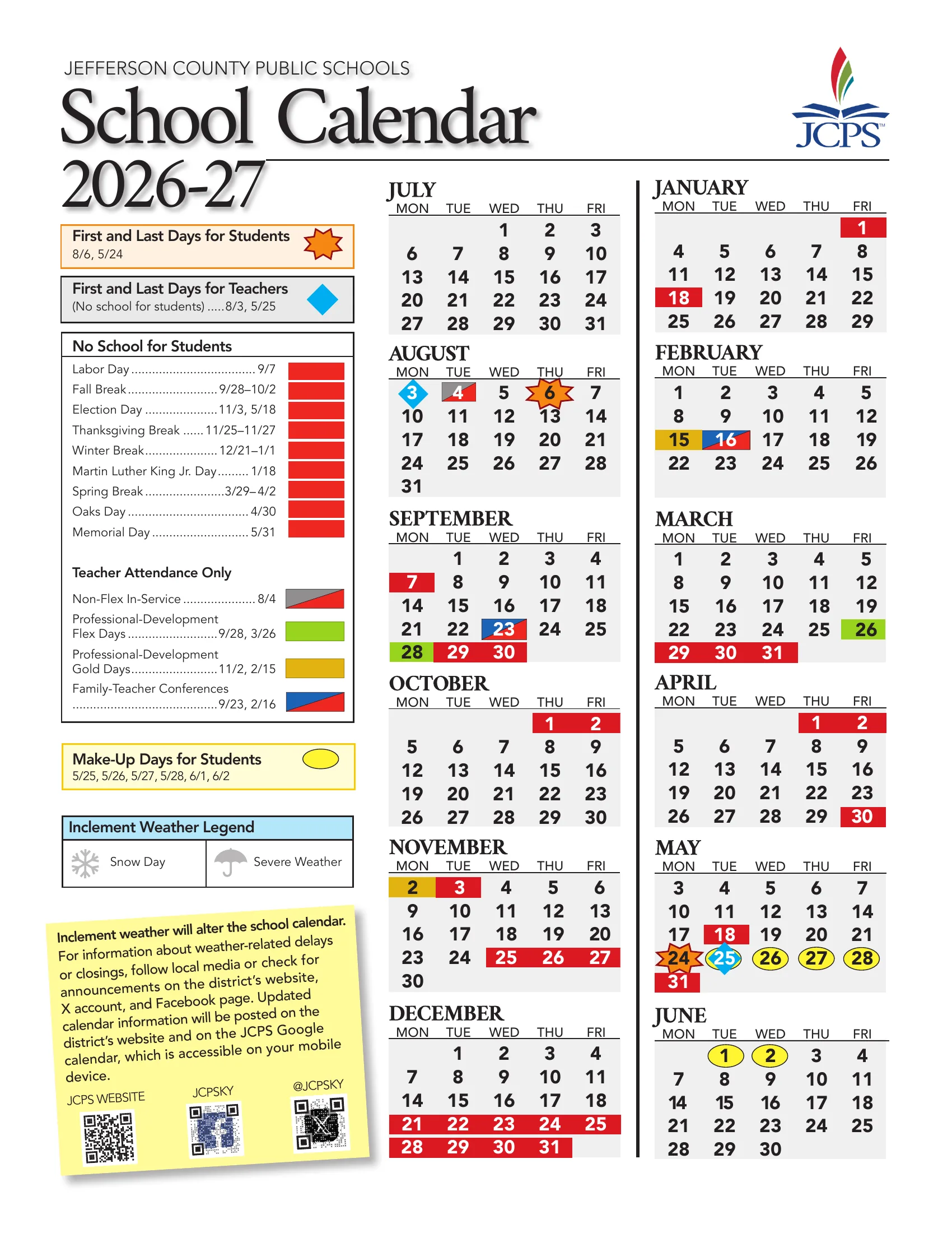 The JCPS School Calendar 2026-27. Page 1: weekday month grids from July 2026 to June 2027 with no-school days in red, teacher-only days in gray, green, gold and blue, first and last days marked with a star and a diamond, make-up days circled in yellow, and a key. Page 2: Important Dates with grading period ends, report card dates, magnet application dates and testing.