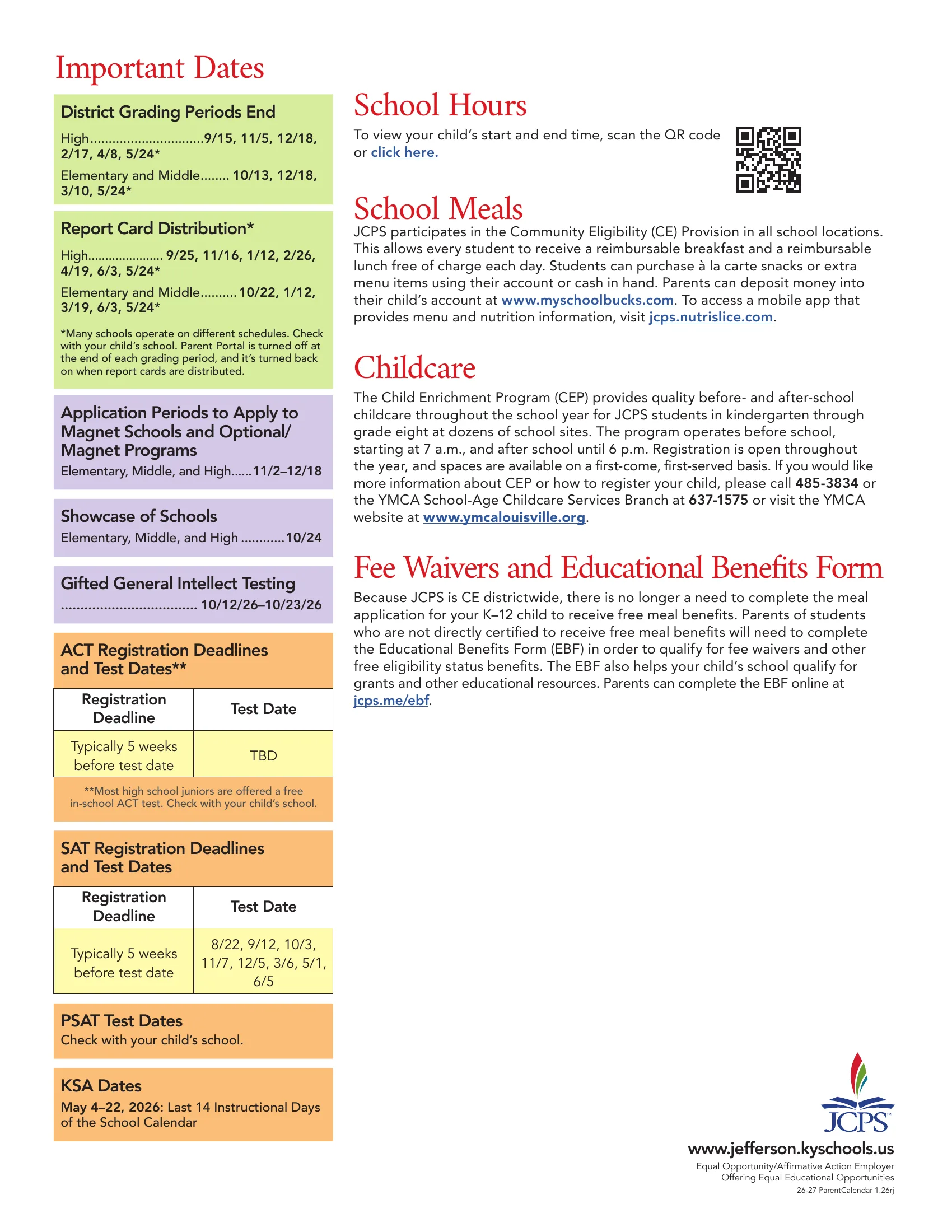 The JCPS School Calendar 2026-27. Page 1: weekday month grids from July 2026 to June 2027 with no-school days in red, teacher-only days in gray, green, gold and blue, first and last days marked with a star and a diamond, make-up days circled in yellow, and a key. Page 2: Important Dates with grading period ends, report card dates, magnet application dates and testing. Page 2 of 2.