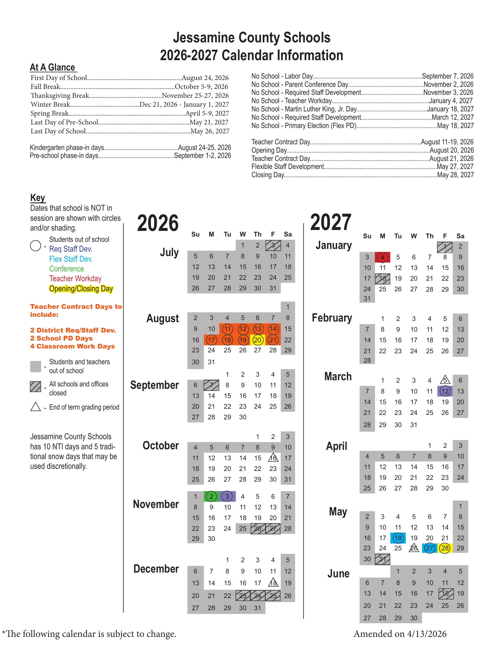 The Jessamine County Schools 2026-2027 Calendar Information: an At A Glance list of key dates and month grids from July to June with days off shaded gray, schools and offices closed hatched, staff development, conference and teacher workdays circled in color, opening and closing days in yellow and the end of each grading term marked with a triangle.