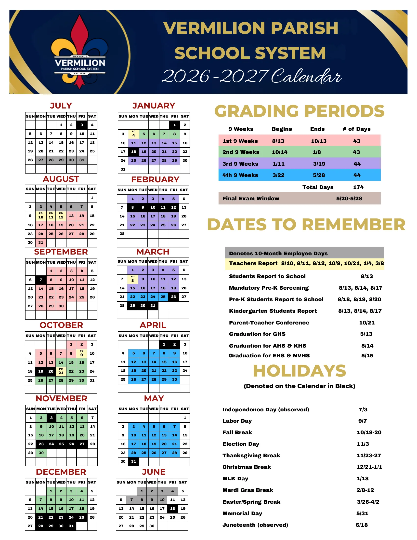 The Vermilion Parish School System 2026-2027 Calendar: month grids from July 2026 to June 2027 with each nine weeks shaded its own color, holidays in black, teacher report days in yellow marked PD or PC, 10-month employee days in gray, a grading period table with day counts, dates to remember and a holiday list.