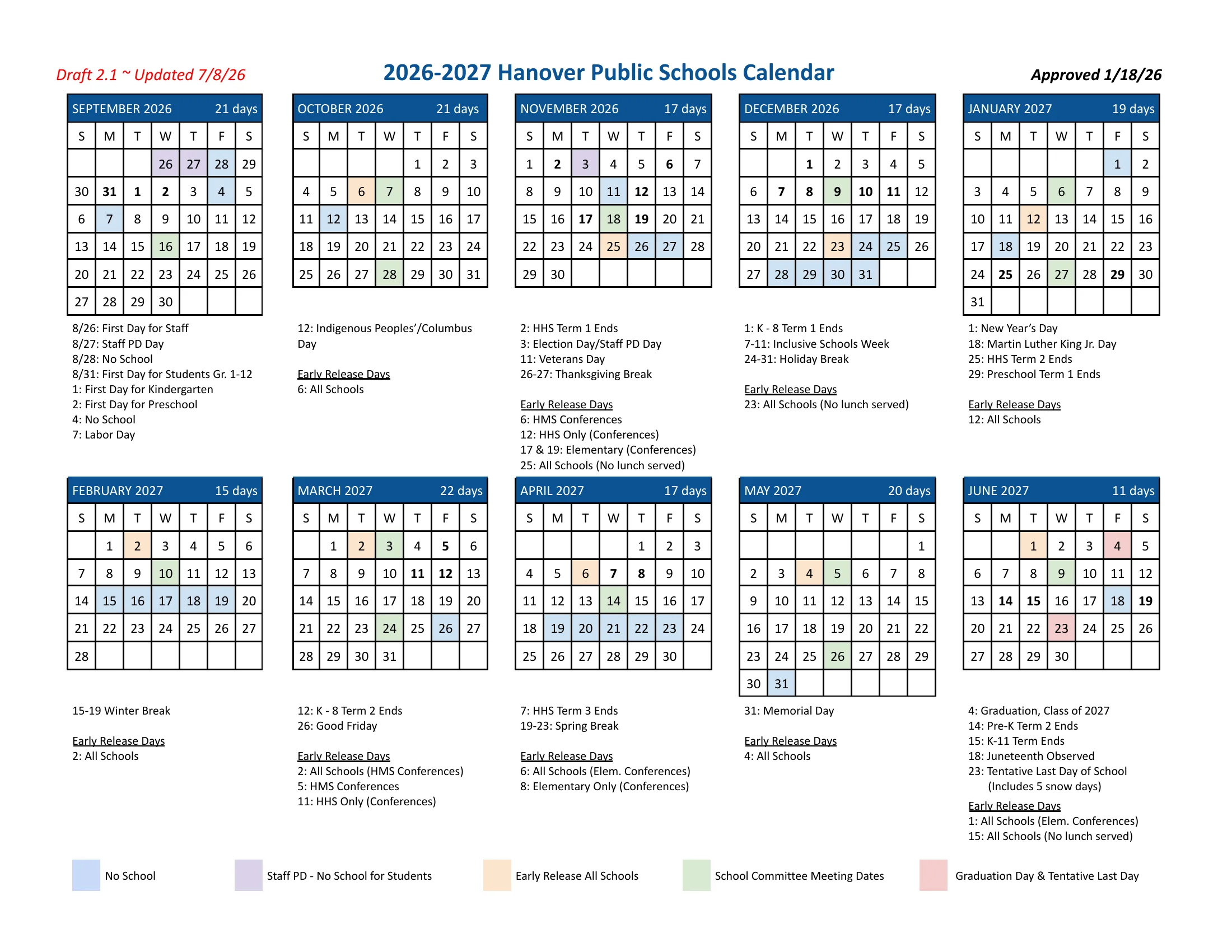 The 2026-2027 Hanover Public Schools calendar: month grids from September 2026 to June 2027 with each month's school-day count, no-school days in blue, staff PD days in lavender, all-school early releases in peach, School Committee meetings in green and graduation and the last day in pink, each month's dates listed under its grid; page 2 lists curriculum nights, conference schedules, term end dates, professional development days and school hours.