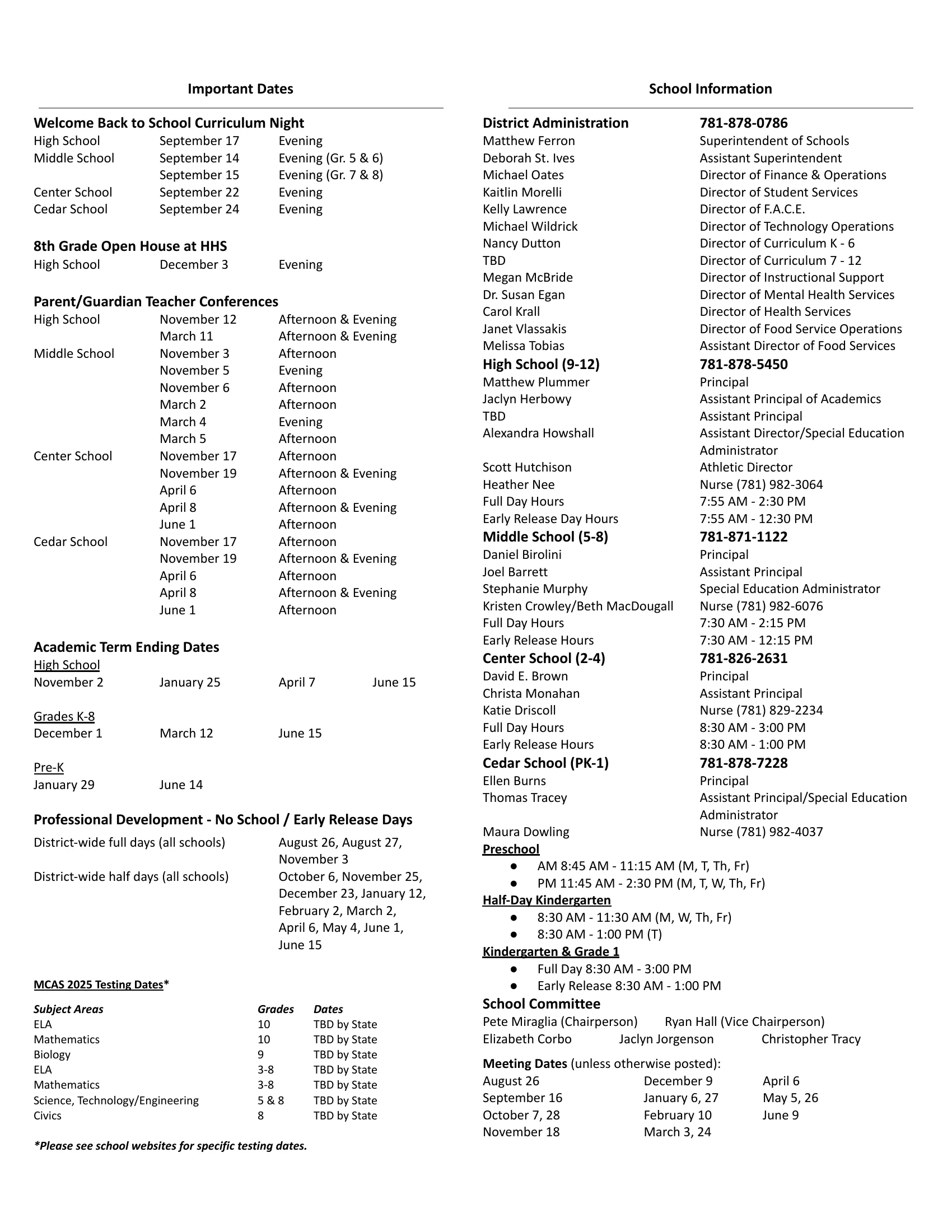 The 2026-2027 Hanover Public Schools calendar: month grids from September 2026 to June 2027 with each month's school-day count, no-school days in blue, staff PD days in lavender, all-school early releases in peach, School Committee meetings in green and graduation and the last day in pink, each month's dates listed under its grid; page 2 lists curriculum nights, conference schedules, term end dates, professional development days and school hours. Page 2 of 2.