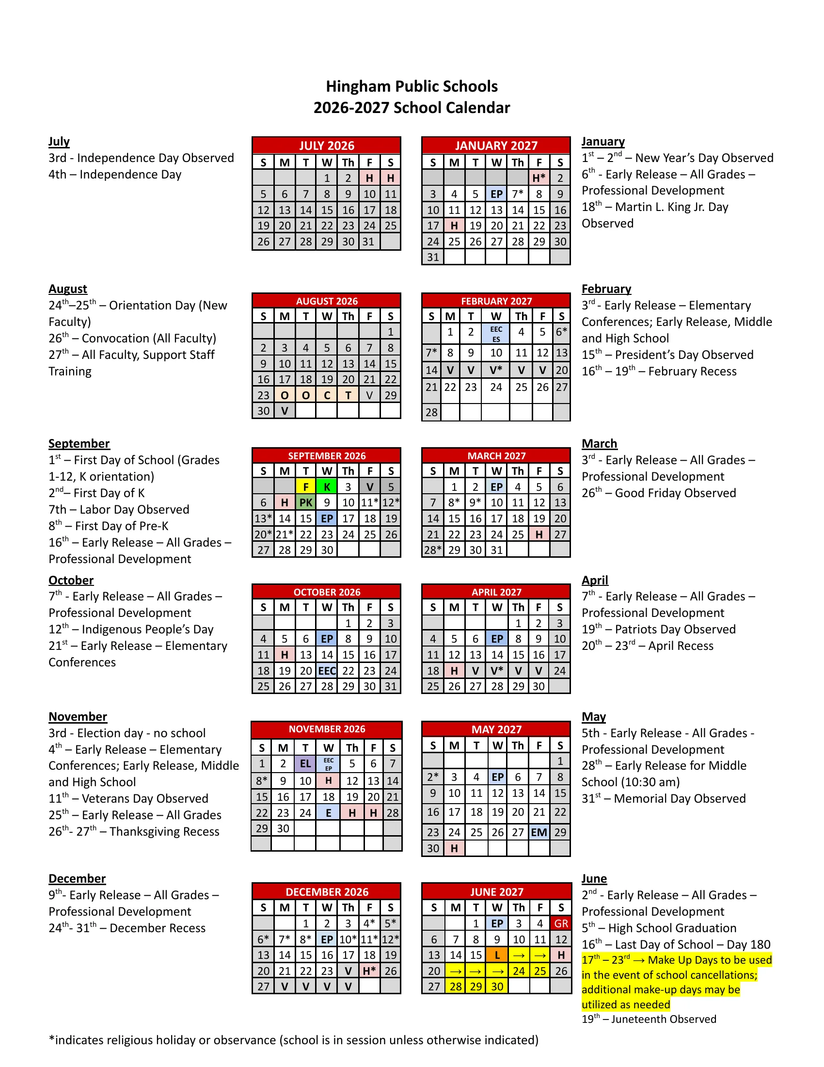 The Hingham Public Schools 2026-2027 School Calendar: month grids from July 2026 to June 2027 with holidays (H), vacation days (V), early releases (E, EP, EEC, ES, EM), the first and last day, make-up days and religious observances marked, each month's dates listed beside it; page 2 has the key, the religious and cultural holiday policy and list, and each school's start, dismissal and early release times.