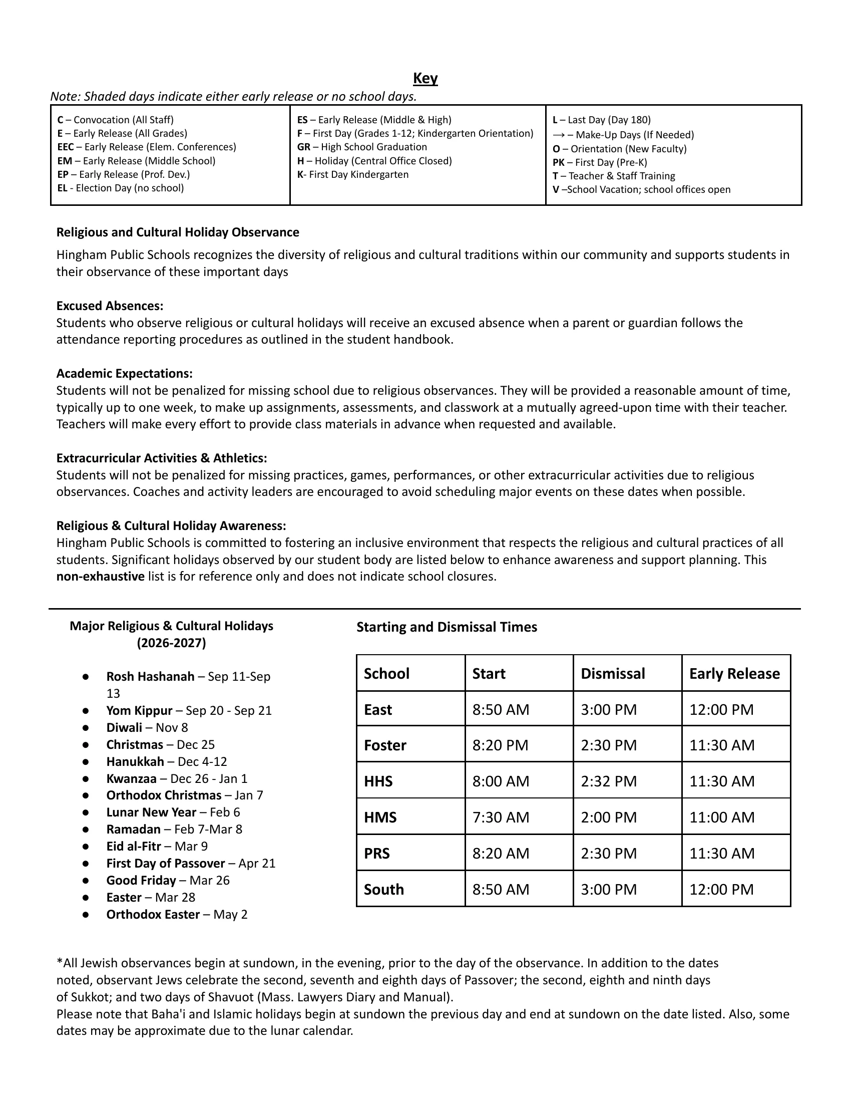 The Hingham Public Schools 2026-2027 School Calendar: month grids from July 2026 to June 2027 with holidays (H), vacation days (V), early releases (E, EP, EEC, ES, EM), the first and last day, make-up days and religious observances marked, each month's dates listed beside it; page 2 has the key, the religious and cultural holiday policy and list, and each school's start, dismissal and early release times. Page 2 of 2.