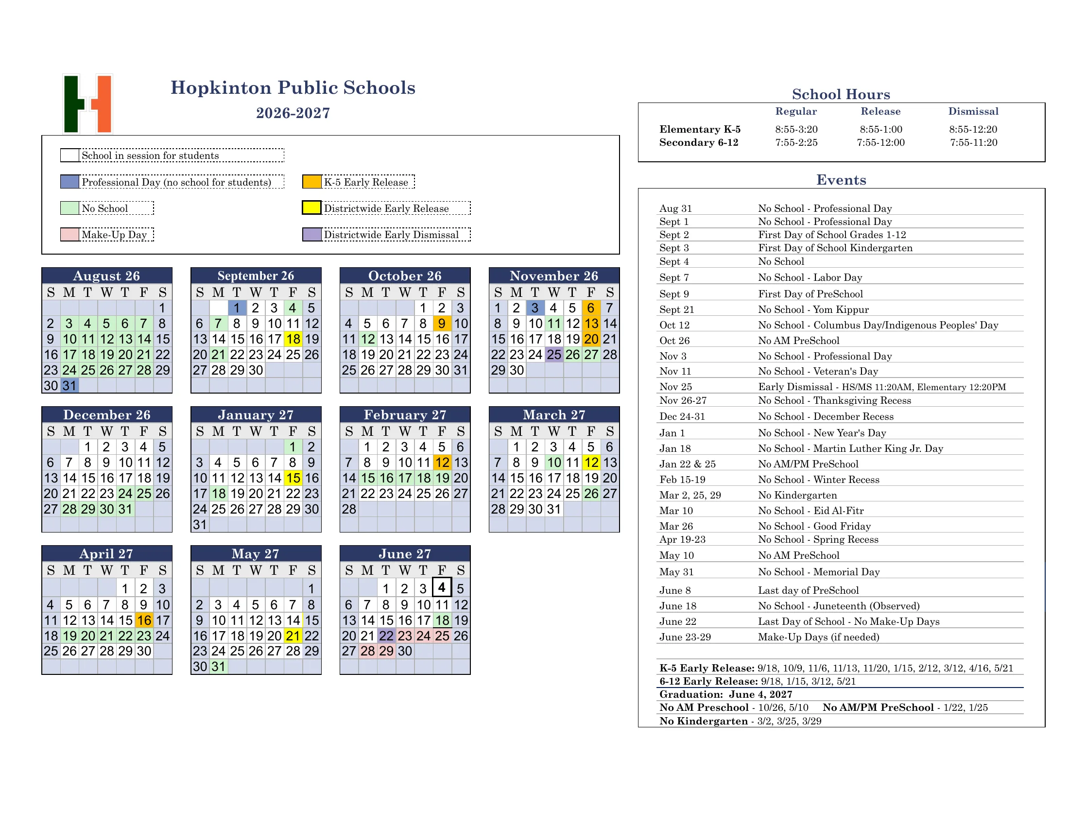 The Hopkinton Public Schools 2026-2027 calendar: month grids from August 2026 to June 2027 color-coded for professional days, no school, makeup days, K-5 early release, districtwide early release and districtwide early dismissal, with a school hours box and a dated events list.