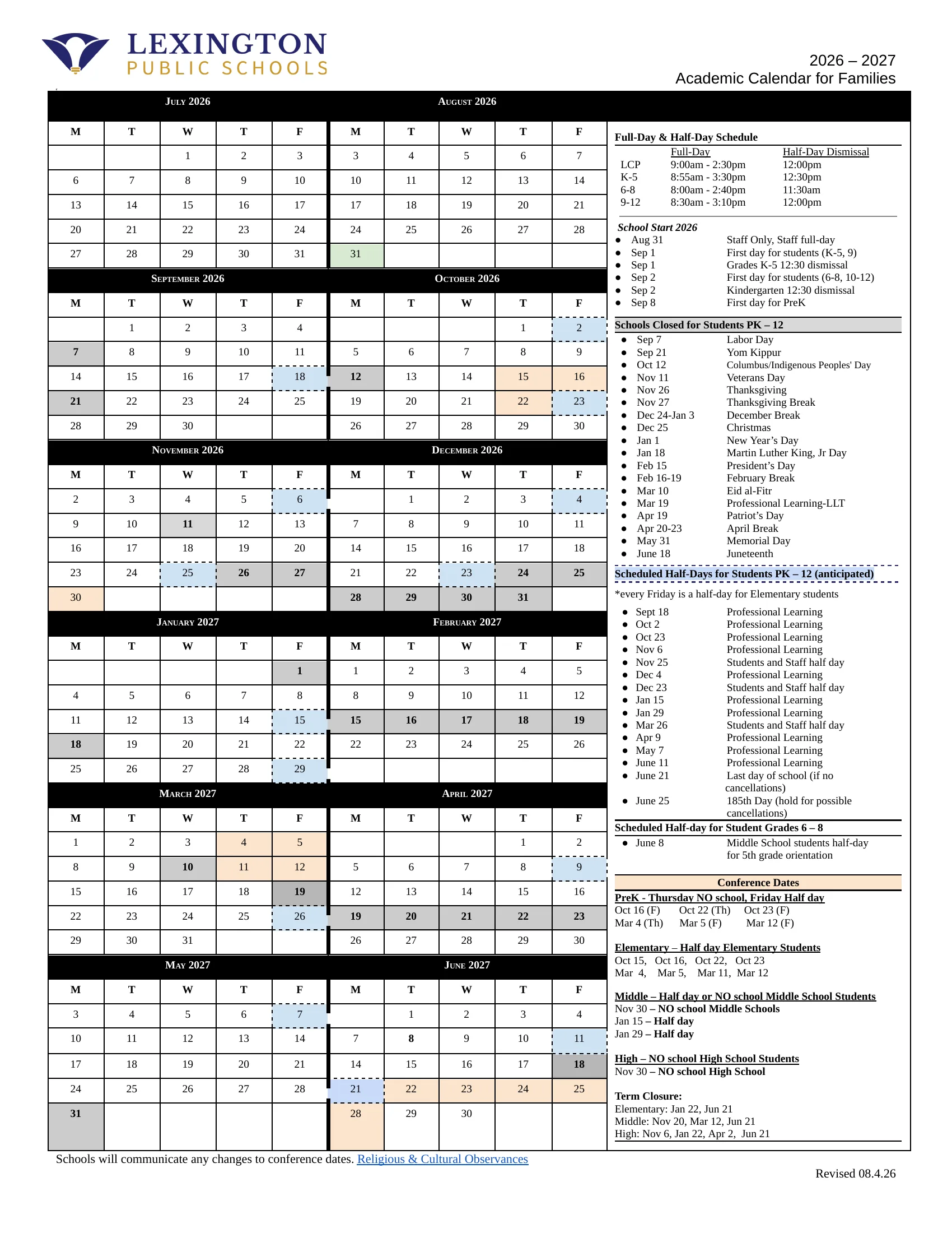 The Lexington Public Schools 2026-2027 Academic Calendar for Families: weekday month grids from July 2026 to June 2027 with schools closed in gray, half days in blue with dashed borders and conference days in peach, beside lists of school start dates, closings, half days, conference dates, term closures and the half-day dismissal times.