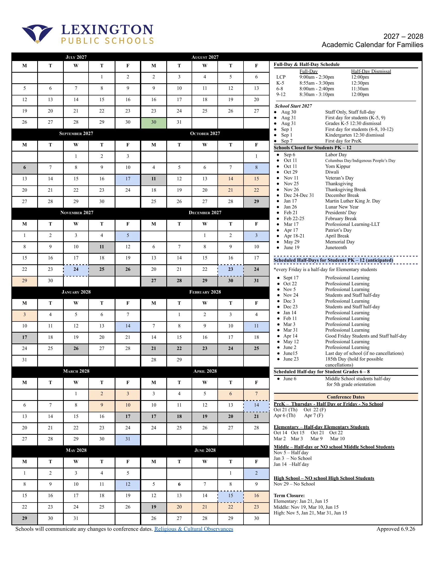 The Lexington Public Schools 2027-2028 Academic Calendar for Families: weekday month grids from July 2027 to June 2028 with schools closed in gray, half days in blue (some with dashed borders) and conference days in peach, beside lists of school start dates, closings, half days, conference dates, term closures and the half-day dismissal times.